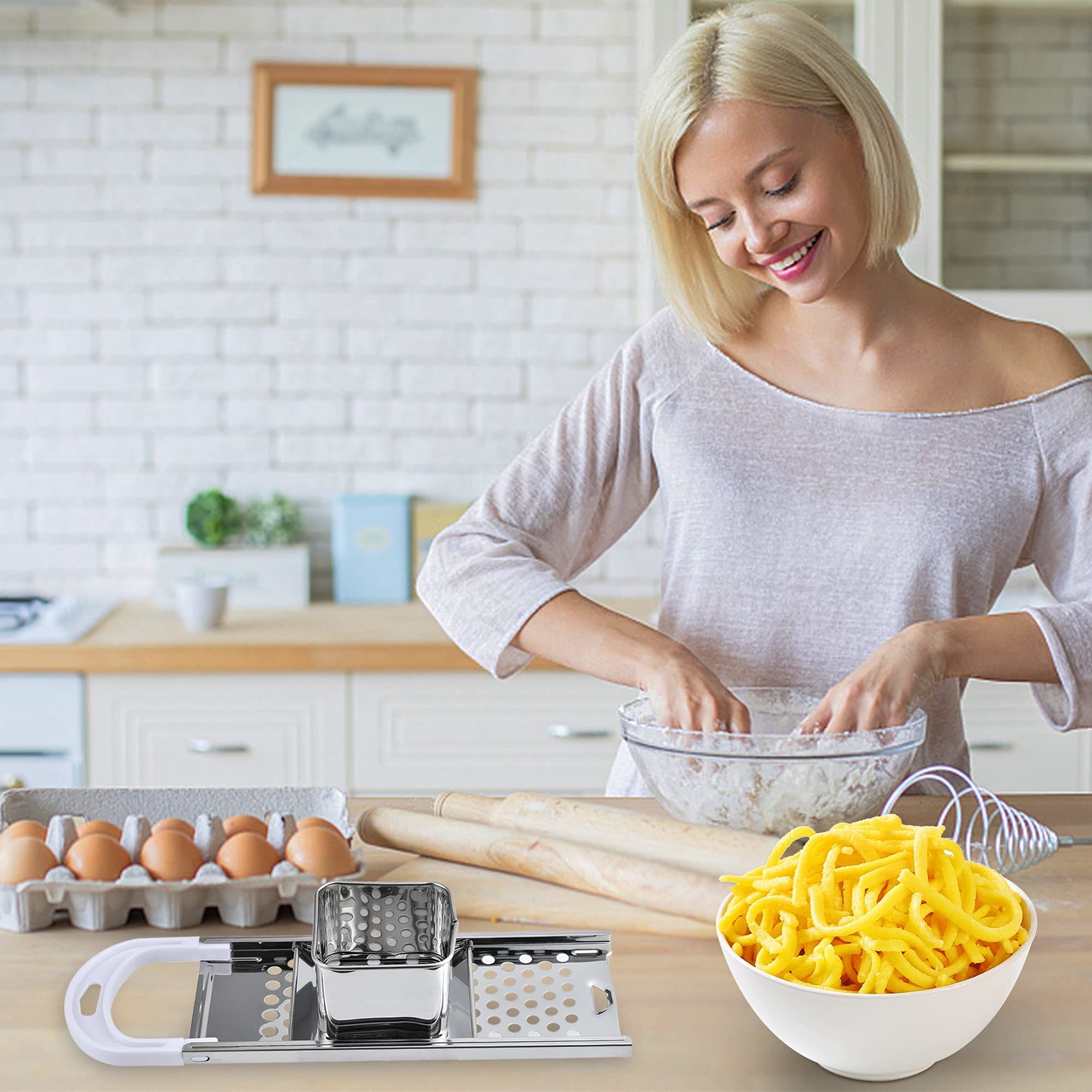 Premium Stainless Steel Spaetzle Maker - Authentic German Noodle Press with Ergonomic Rubber Handle | Includes Skimmer, Spider Strainer, Silicone Spatula & Cleaning Brush | Perfect for Homemade Pasta, Dumplings & Traditional European Cuisine