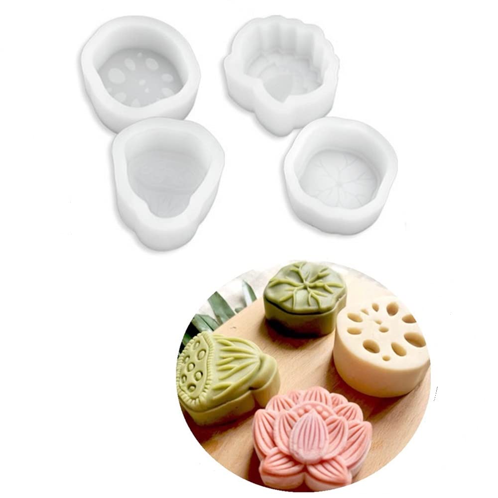 4Pcs Silicone Cake Fondant Molds - Mooncake, Chocolate, Candy, Polymer Clay, Sugar Craft, Ice Cube & Soap Decorations (Lotus Pond Moonlight Design) | Perfect for Baking, DIY Crafts & Home Decor