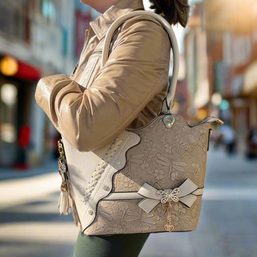 Elegant Italian Two-Handle Handbag with Dragonfly, Floral, and Bow Design - Perfect for Women's Daily Use, Work, and Special Occasions