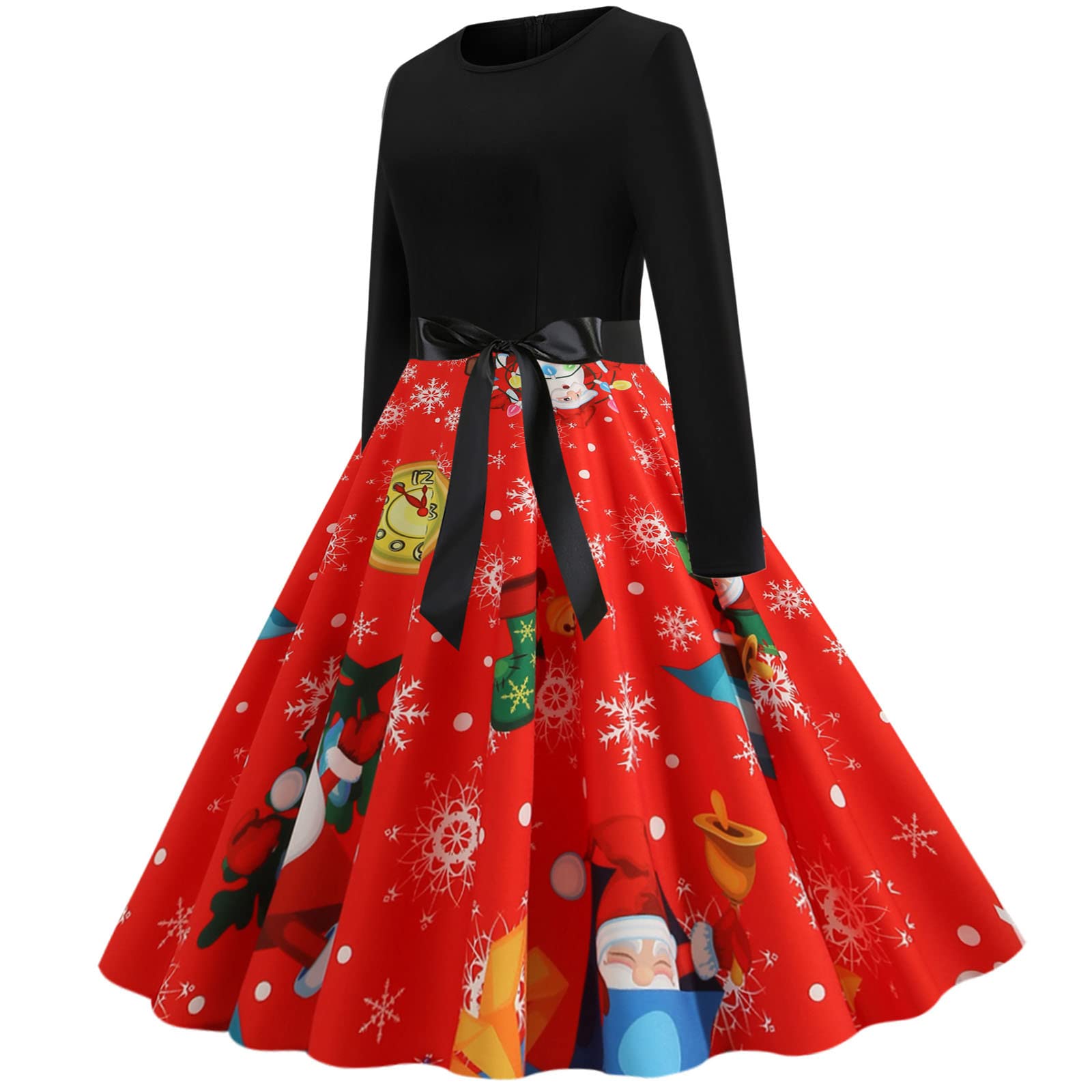 Vintage Christmas Party Dress for Women - Long Sleeve High Waisted Midi Swing Dress | Holiday Xmas Dinner, Family Gathering & Winter Photoshoot Outfit