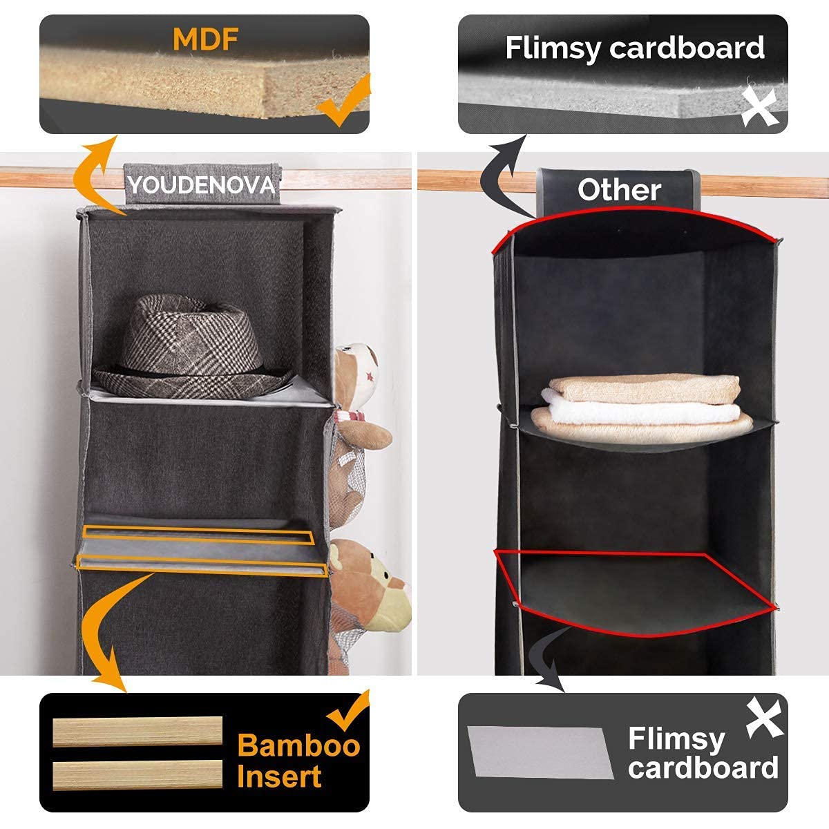 6-Shelf Hanging Closet Organizer with Side Pockets - Space Saving Cloth Storage for Clothes, Shoes & Accessories - Durable Cationic Polyester - Perfect for Bedroom, Dorm, Apartment & Small Spaces