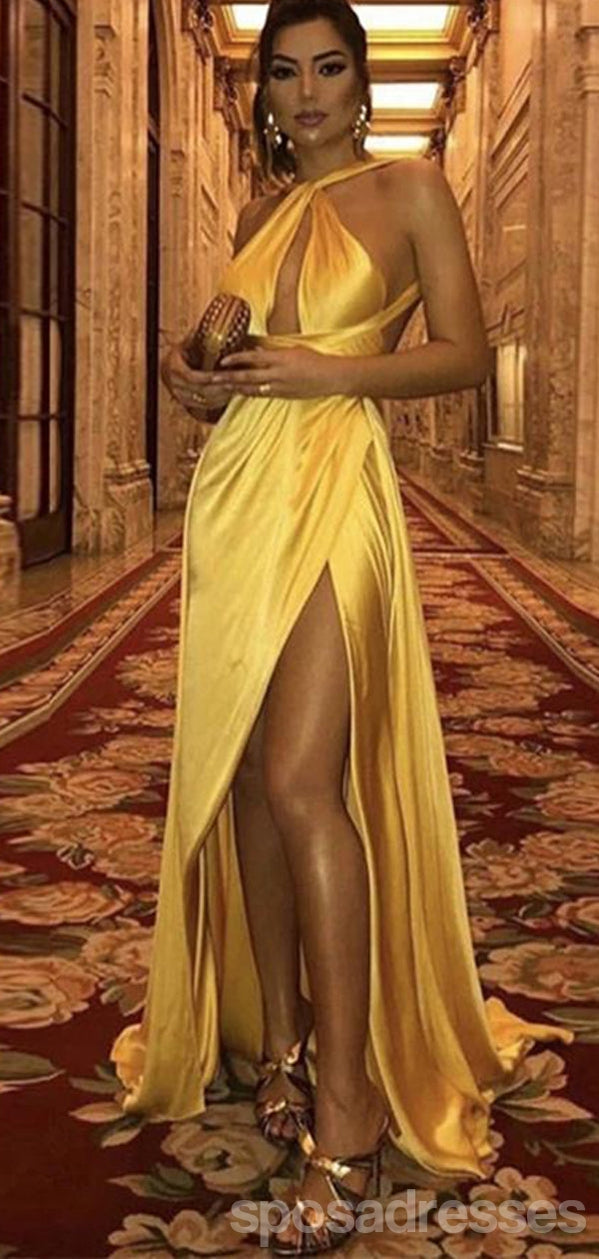 Elegant Gold Sheath Halter High Slit Long Prom Dress for Women - Formal Evening Gown for Homecoming, Pageant & Special Occasions