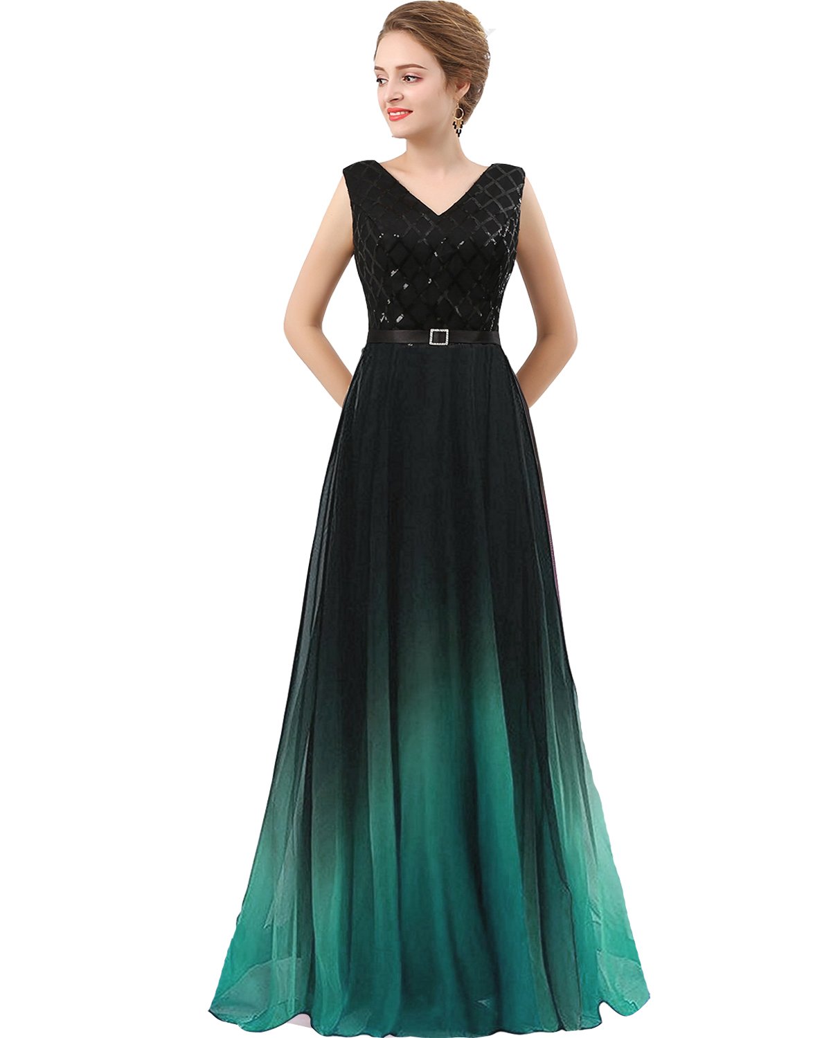 Elegant V-Neck Long Sequined Chiffon A-Line Corset Prom Evening Dress for Women - Perfect for Formal Dances, Galas & Special Occasions