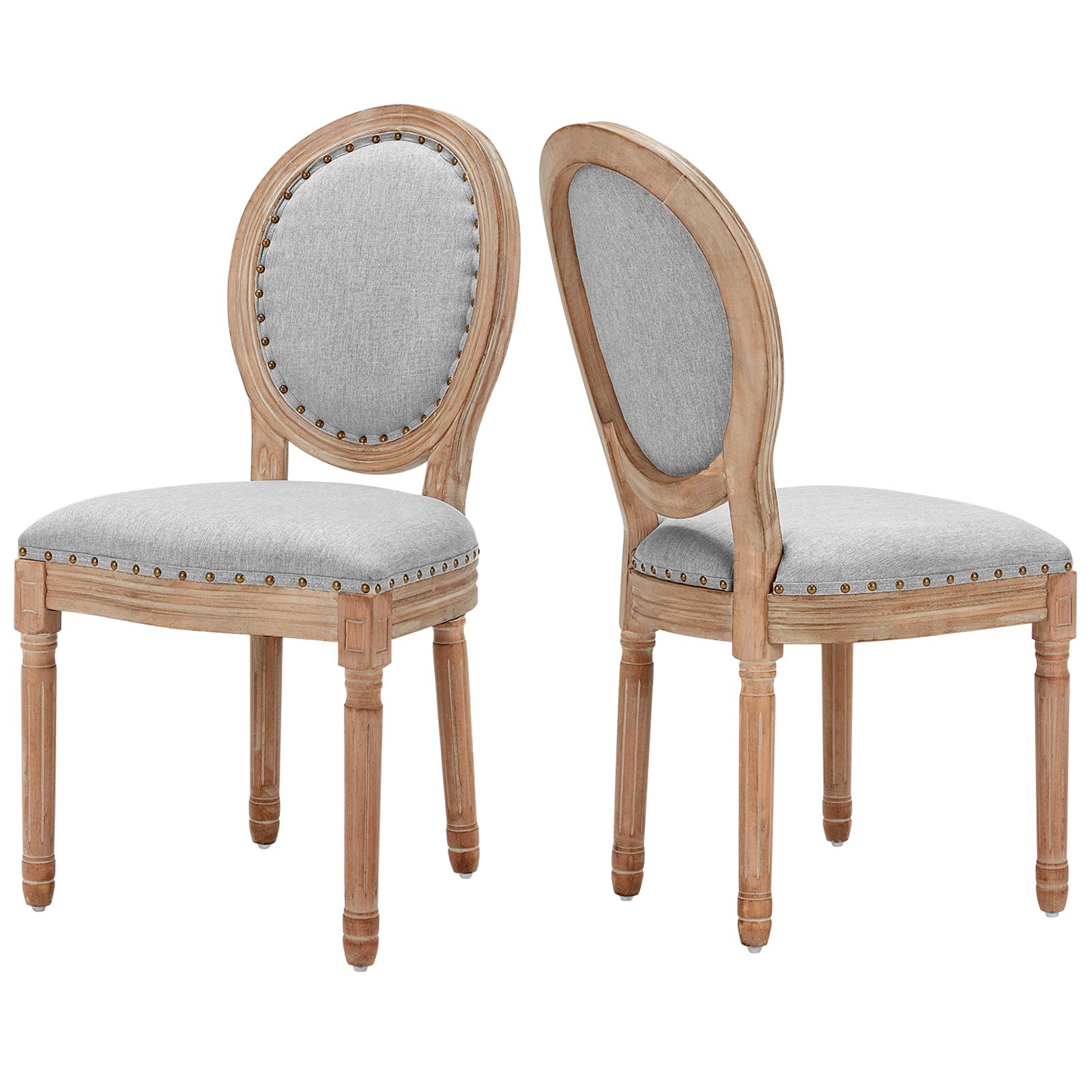AVAWING Farmhouse Fabric Dining Chairs Set of 2 - French Country Round Back Side Chairs with Brown Wood Legs - Light Grey Upholstered Seats for Dining Room, Living Room, Kitchen & Restaurant Decor - Perfect for Farmhouse, Cottage & Vintage Style Home Decor