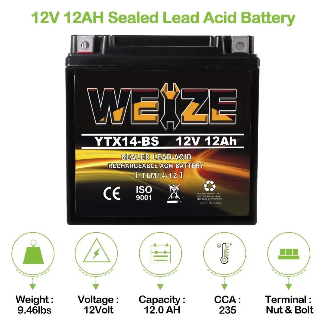 WEIZE YTX14-BS 12V 12Ah AGM Sealed Lead Acid Battery - High Performance, Maintenance Free ATV/Motorcycle Battery - Compatible with Honda, Suzuki, Kawasaki, Yamaha Scooters & Snowmobiles - Perfect for Off-Road Adventures, Winter Riding & Powersports Vehicles