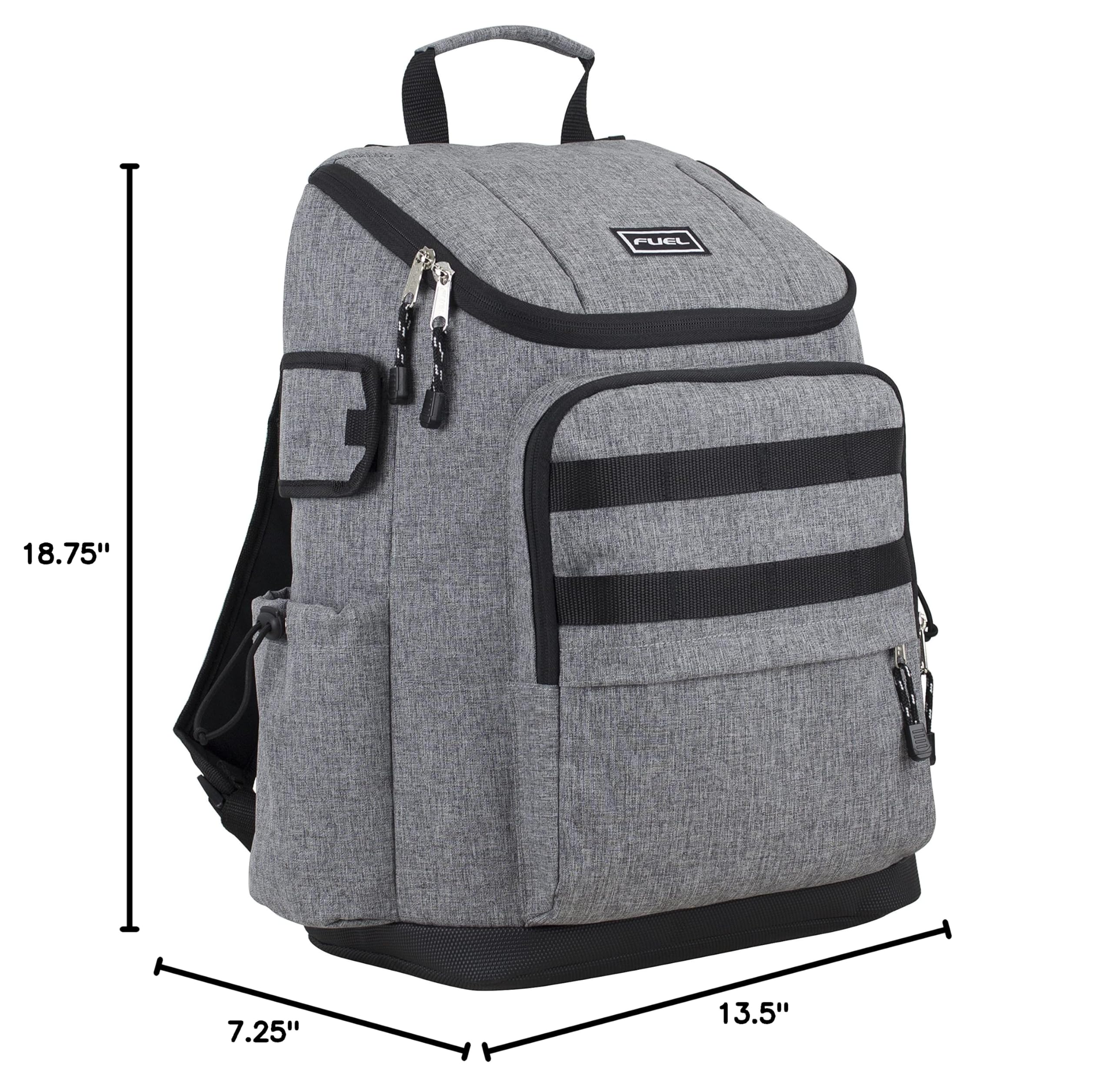 FUEL Multi-Pocket Cargo Travel Backpack - Waterproof Laptop Bag with Top-Loader Entry & USB Charging Port - Black Gray Chambray - Perfect for Business Trips, Hiking & College Students
