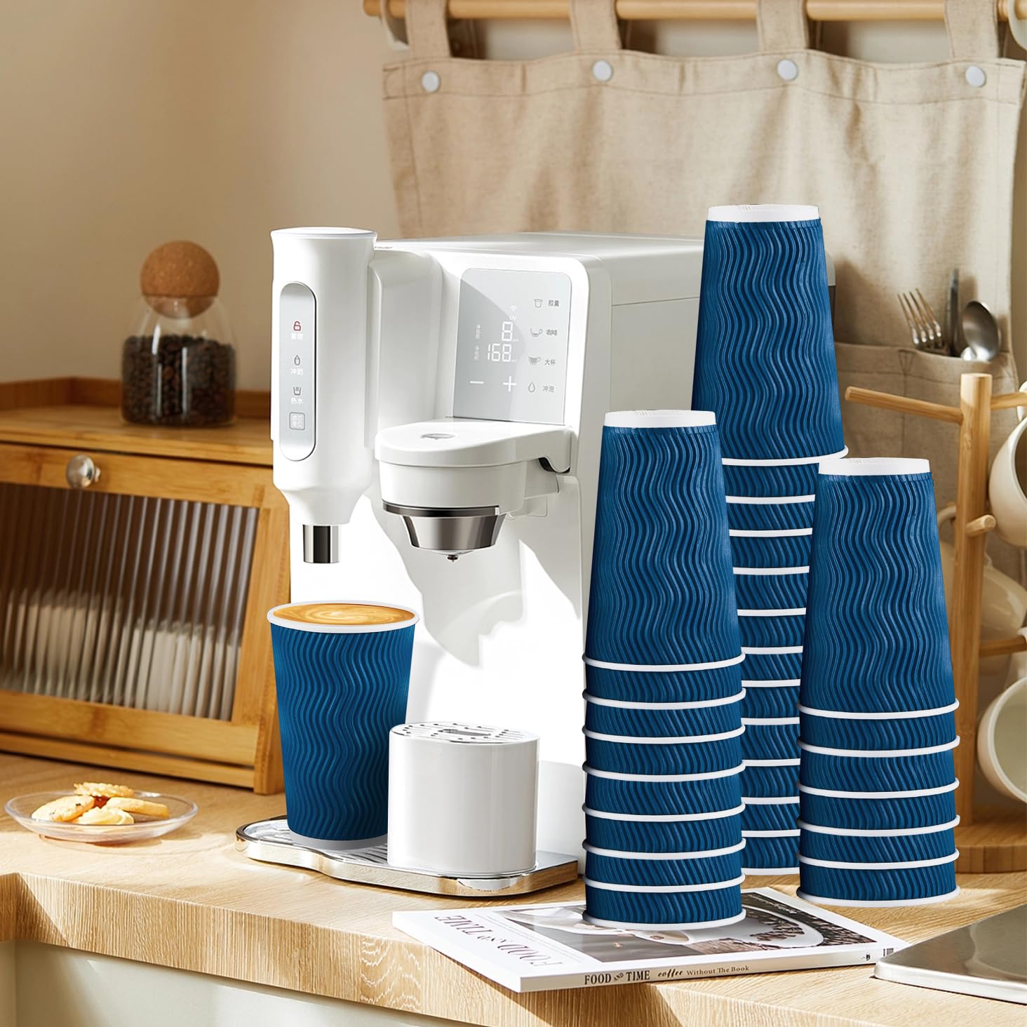 Lamosi 16 oz Disposable Coffee Cups with Lids - 50 Pack Insulated Paper To-Go Cups for Hot Beverages, Corrugated Ripple Wall Design (Blue) - Perfect for Coffee Shops, Offices, and Home Use