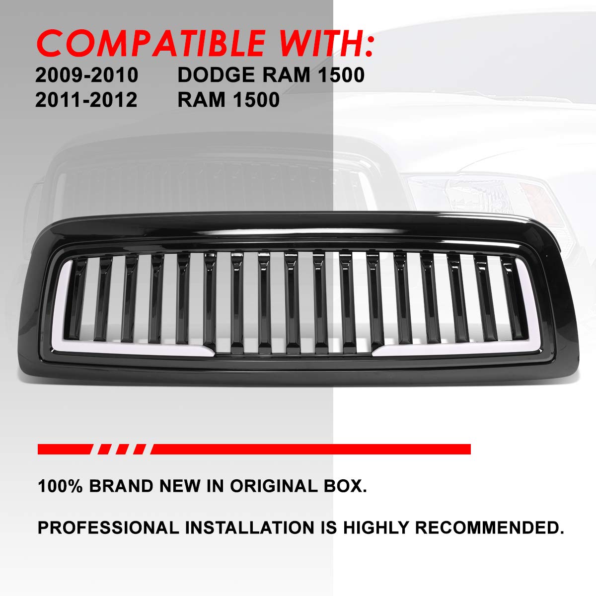 Auto Dynasty U-LED DRL Badgeless Vertical Slat Glossy Front Bumper Hood Grille for Dodge Ram 1500 DS/DJ/D2 (2009-2012) - Upgrade Your Truck's Style & Visibility for Daily Driving & Off-Road Adventures