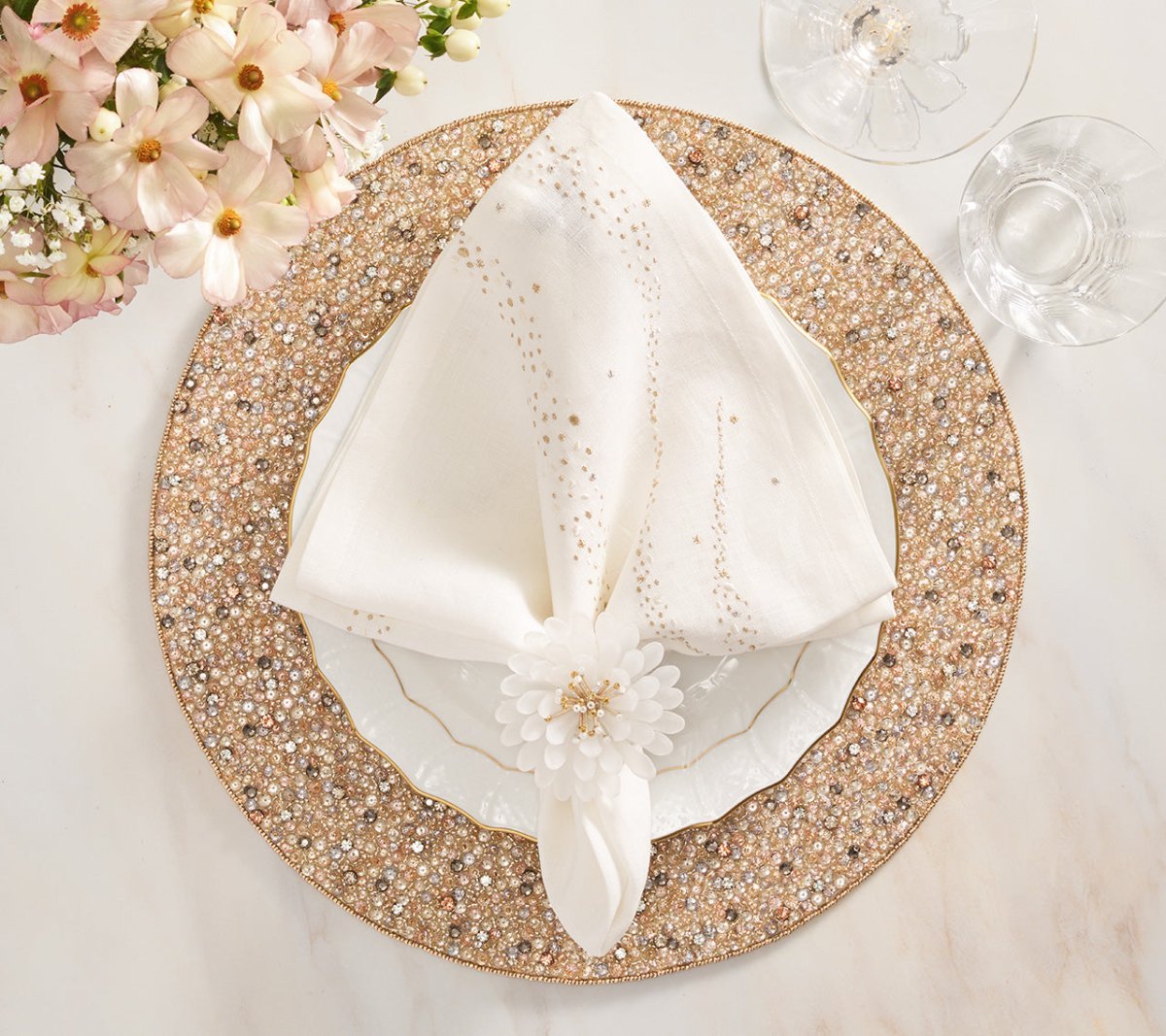Elegant White & Gold Cosmos Napkin Rings Set of 4 - Premium Dinnerware Gift Box - Perfect for Weddings, Holiday Tablescapes & Formal Dining Decor
