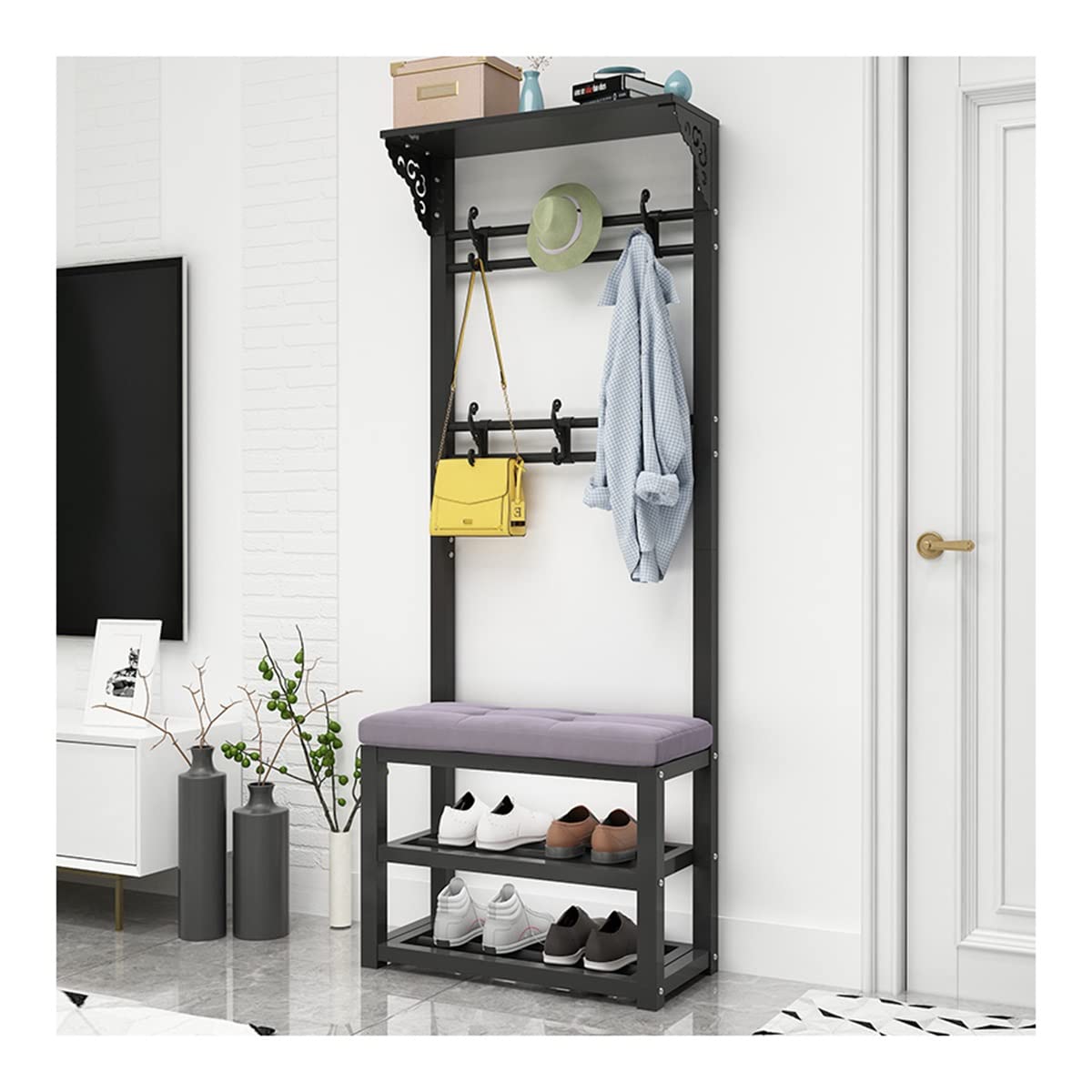 Industrial Coat Rack Shoe Bench with Storage Shelf - 4-in-1 Entryway Organizer with Metal Frame & Hooks - Easy Assembly (60x30x172cm, Black Gray) - Perfect for Small Spaces, Apartments & Mudroom Organization