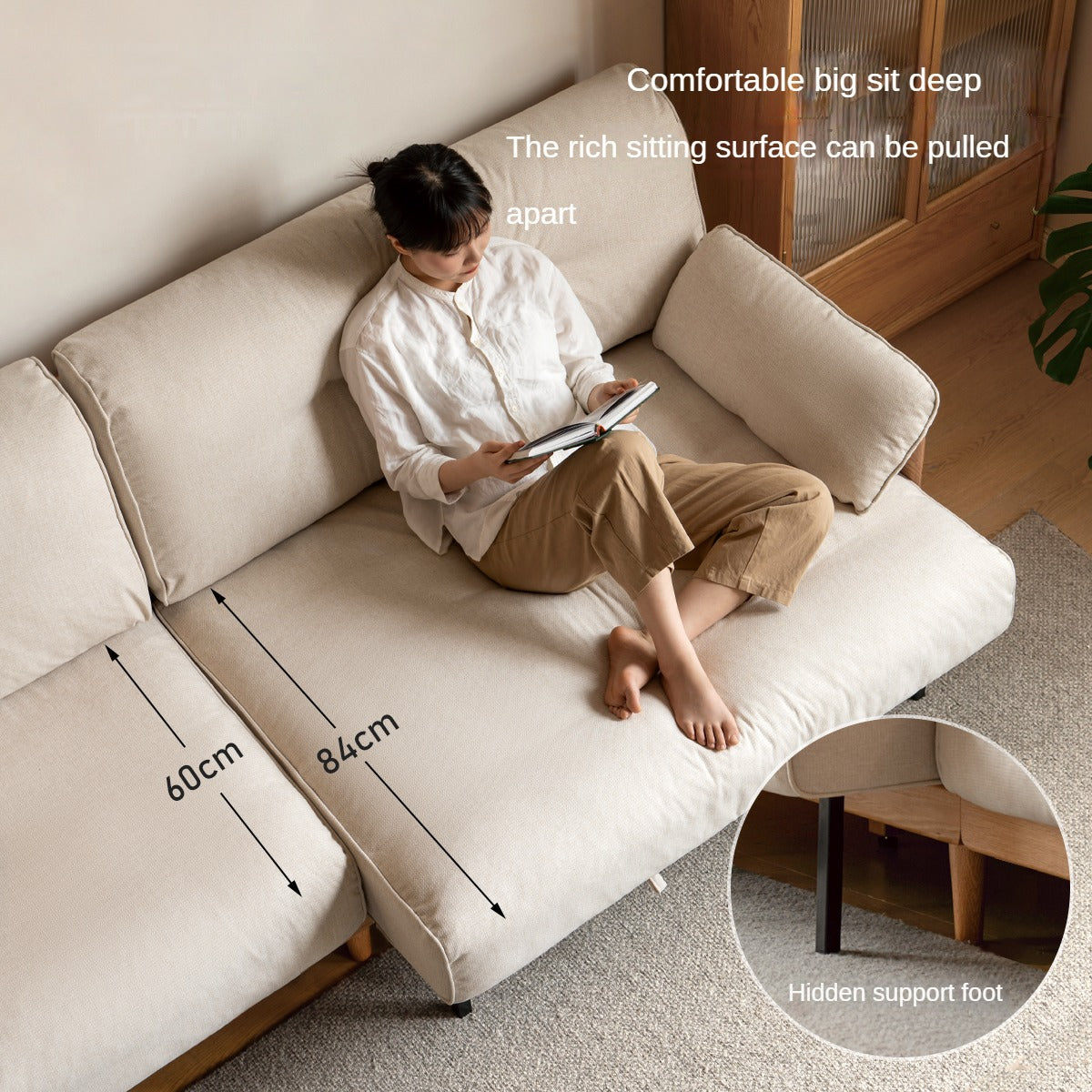 Solid Oak Wood Straight Fabric Sofa - Modern Living Room Furniture for Home & Office Comfort