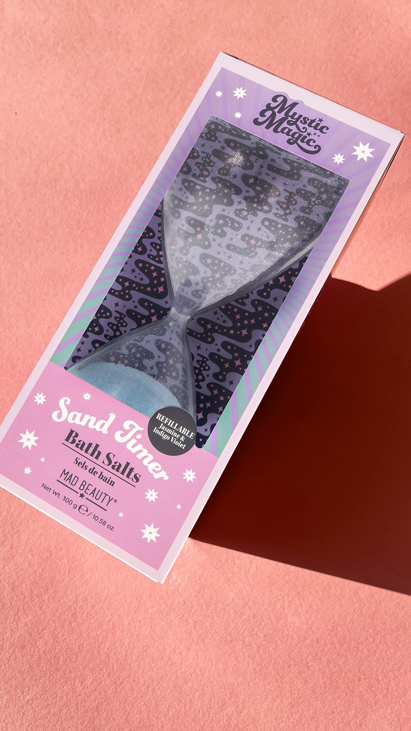 **MAD BEAUTY Mystic Magic Hourglass Bath Timer Salts – Jasmine & Indigo Violet Scented, Reusable Sand Timer with Relaxing Bath Salts for Stress Relief & Self-Care – Perfect Gift for Spa Nights & Home Relaxation**
