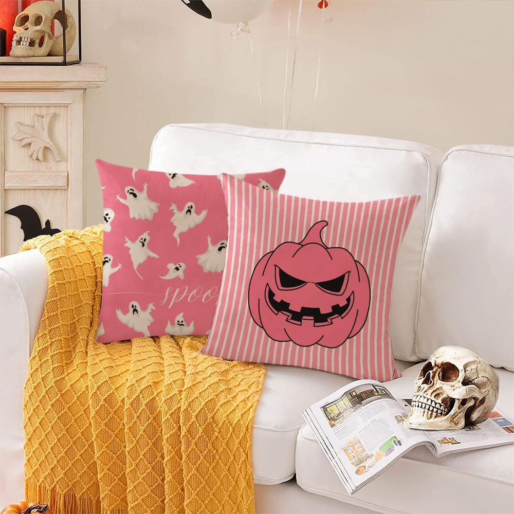 Halloween Pillow Covers 12x12 Inch Set of 4 - Cute Pink Ghost Skull Cat Pumpkin Decorative Throw Pillow Cases for Sofa, Couch, Bed - Spooky Home Decor & Outdoor Halloween Party Decoration