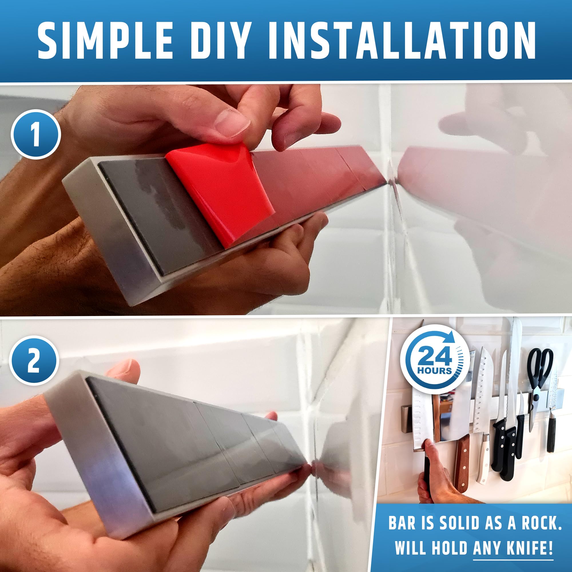 Upgraded No Drill Magnetic Knife Holder - 17 Inch Strong Adhesive Wall Mount Knife Strip with Stainless Steel Bar | No Screws Needed | Secure Hold for Kitchen Knives | Perfect for Home Chefs & Small Spaces