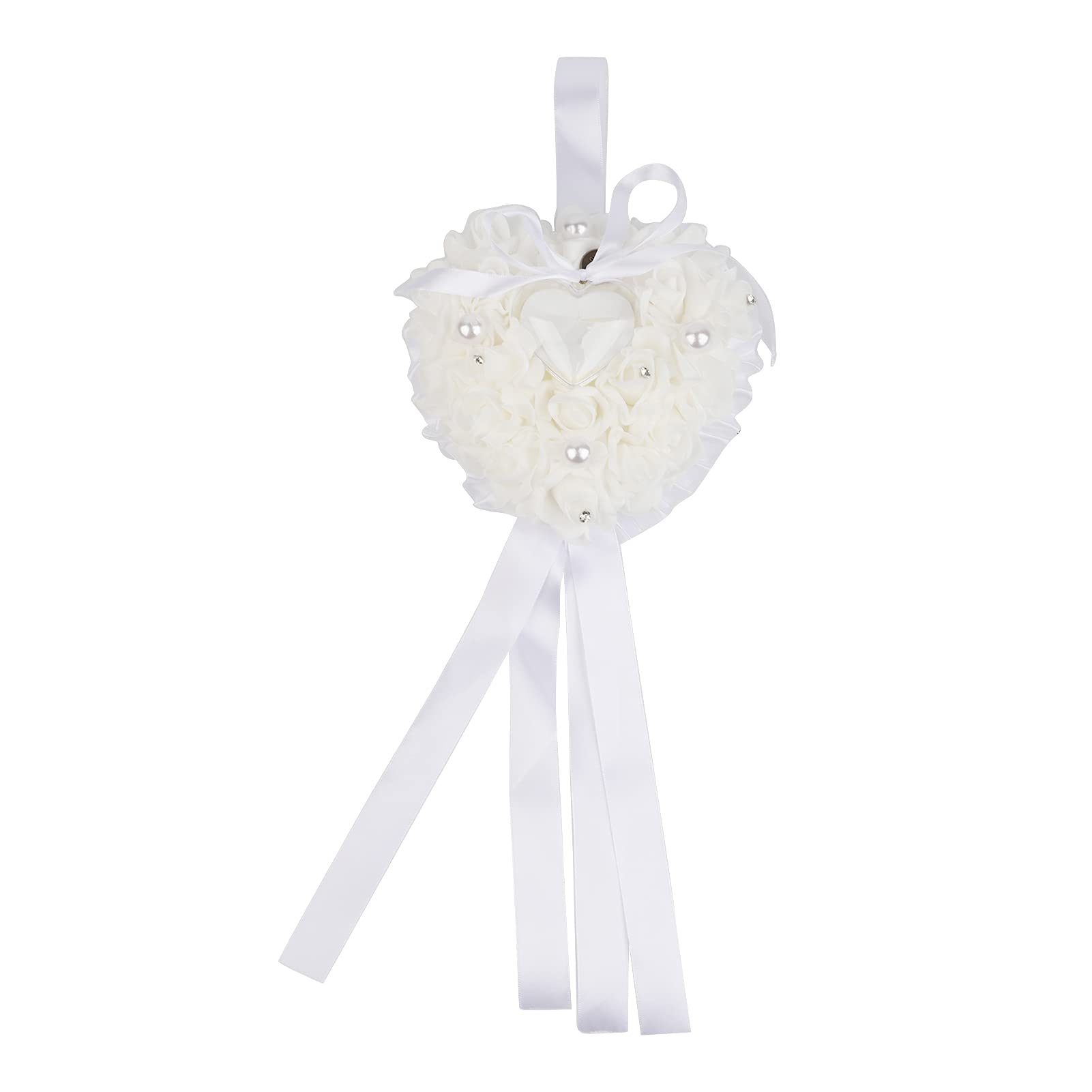 Romantic Rose Western Style Satin Wedding Ring Pillow with Heart Pearl Decor - Perfect for Bridal Showers, Wedding Ceremonies & Proposal Gift Boxes
