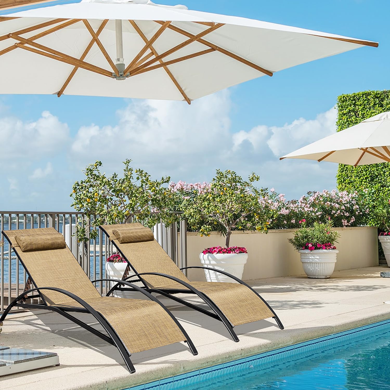 EROMMY 2-Pack Patio Chaise Lounge Chairs - Adjustable 5-Position Backrest, All-Weather Waterproof Outdoor Poolside Lounge Chairs for Beach, Yard, Garden & Backyard Relaxation