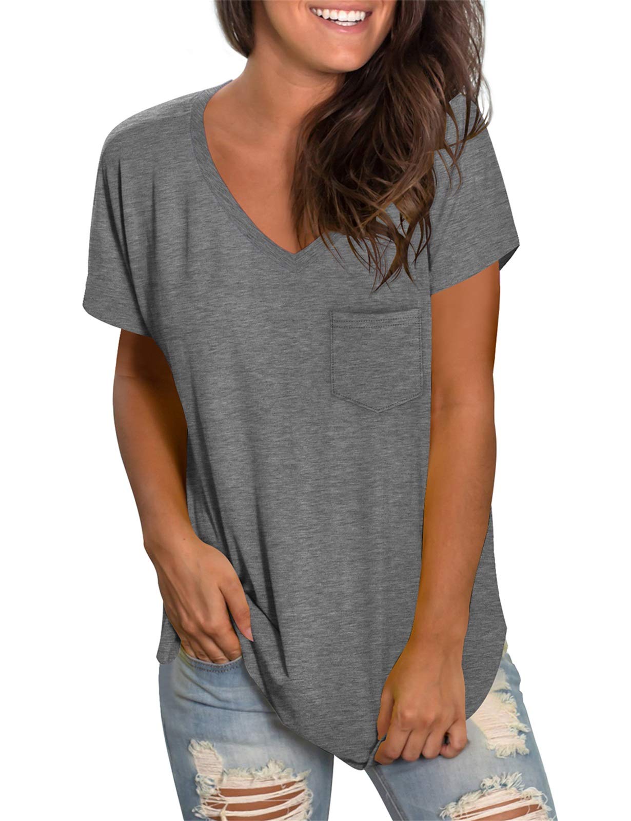 WEESO Women's V Neck Short Sleeve T-Shirt with Pocket - Drop Tail Hem Relaxed Fit Casual Tee for Everyday Wear, Outings & Summer Outfits