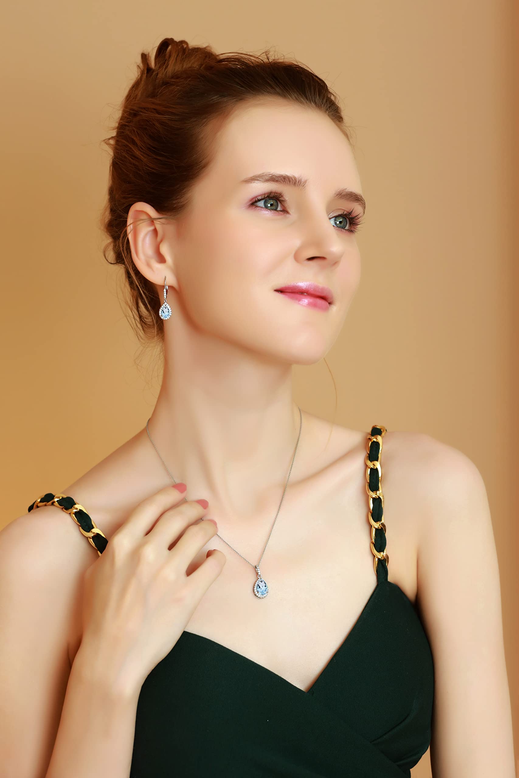 Women's Jewelry Sets - Sterling Silver Birthstone Necklace & Earrings Set with Genuine/Synthetic Gemstones, Teardrop Pendant & Dangle Earrings for Gifts, Anniversary & Special Occasions