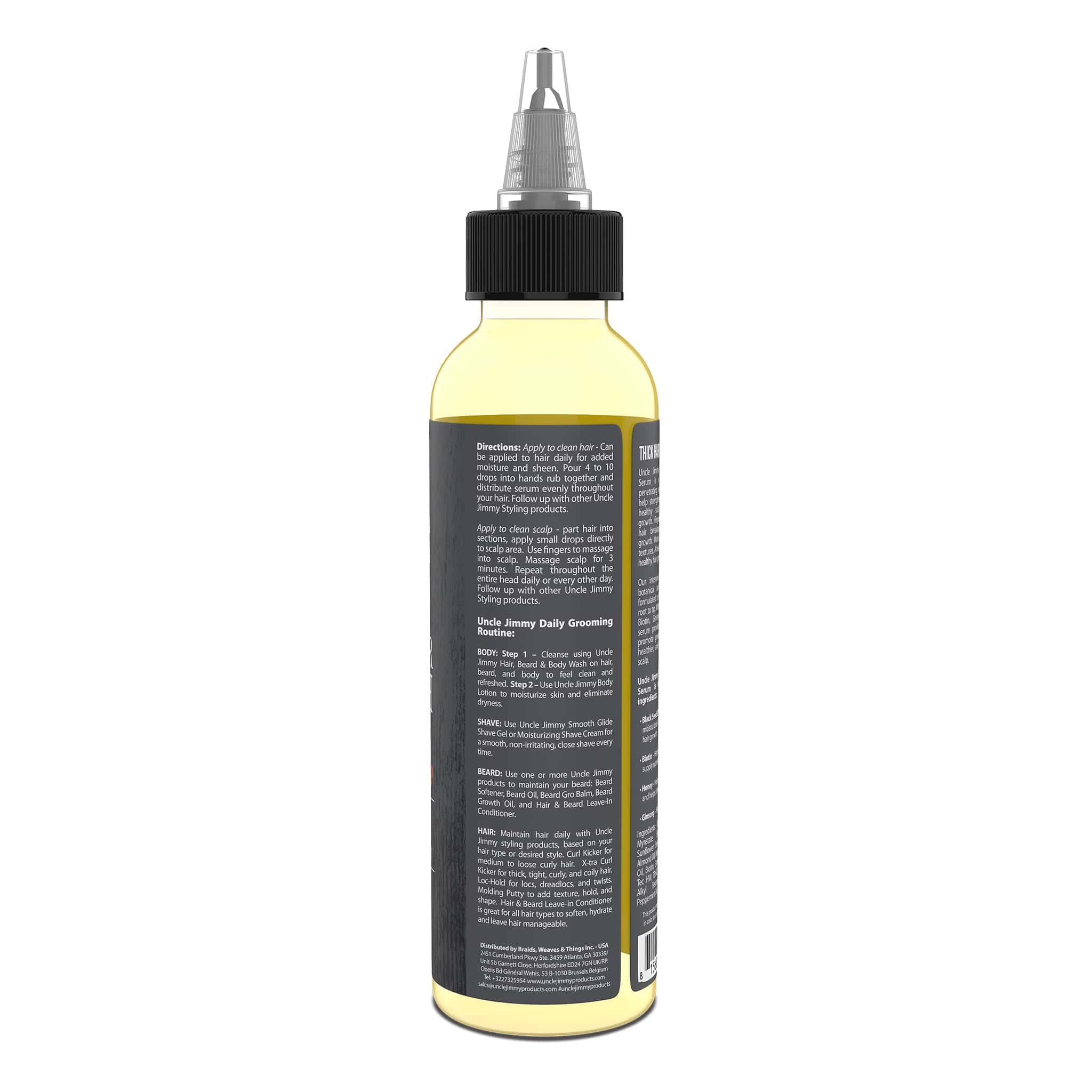 Uncle Jimmy Thick Hair Growth Serum - Natural Hair Loss Treatment for Men & Women | Promotes Thicker, Stronger Hair Growth | 4 Fl Oz Bottle | Perfect for Daily Scalp Care & Thinning Hair Solutions