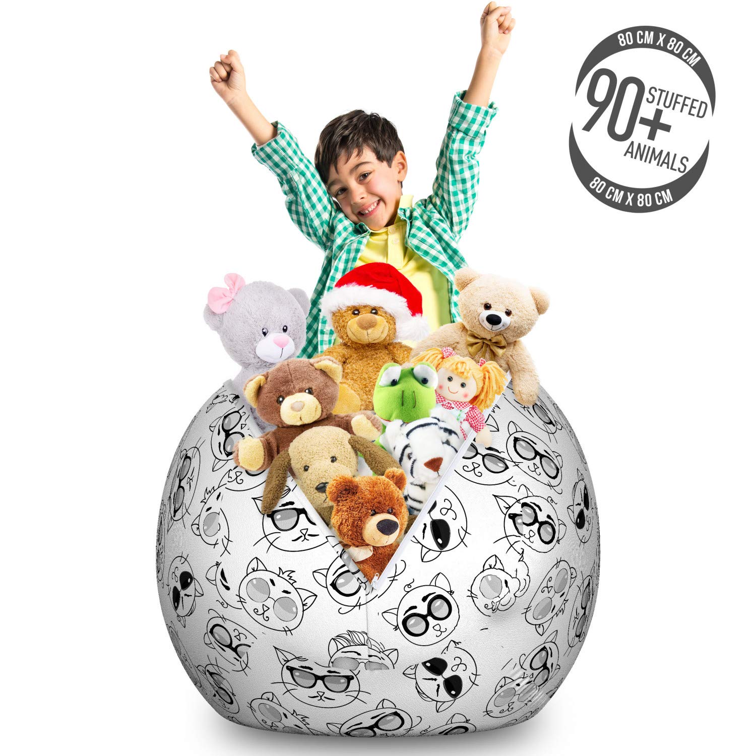 Ambesonne Cat Storage Toy Bag Chair - Large Washable Stuffed Animal Organizer with Cartoon Kittens Sketch Print | Perfect for Kids' Room, Playroom & Pet Toy Storage (Charcoal White)