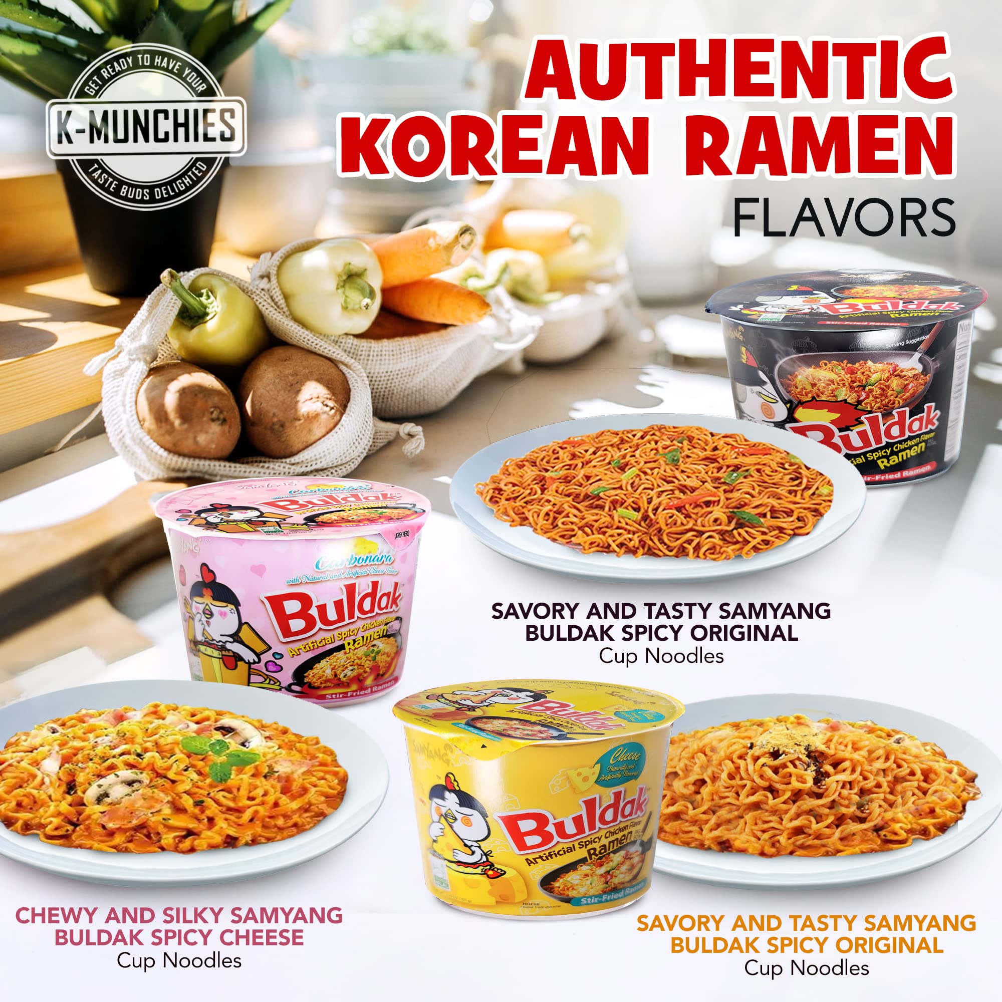 Samyang Roasted Chicken-Flavored Spicy Ramen Noodles - 3 Pack (105g Each) | Assorted Korean Instant Cup Noodles - Spicy Ramen, Spicy Chicken Cheese, Carbonara | Includes 3 Chopsticks | Perfect for Quick Meals, Late Night Snacks & Office Lunches