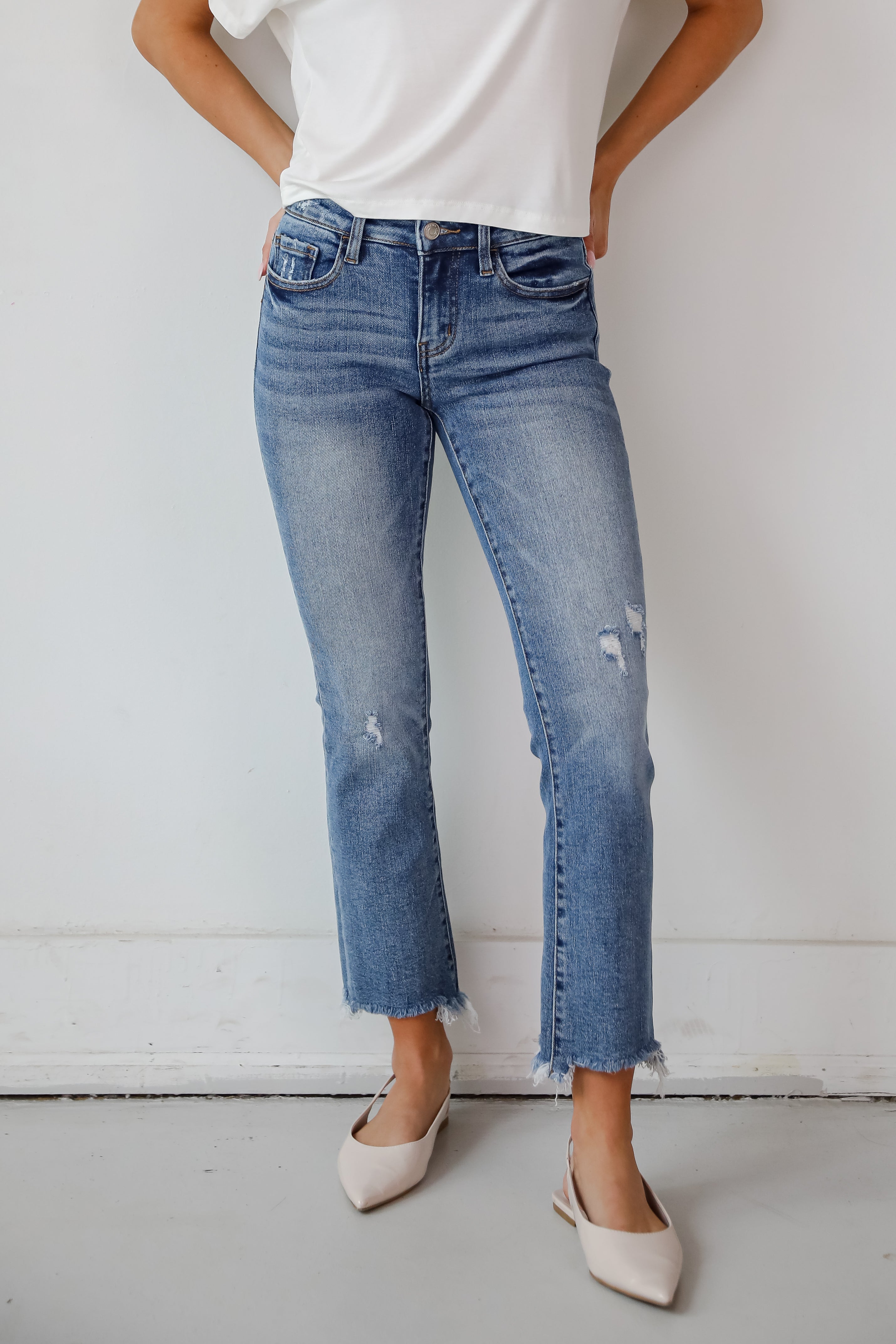 Amber Medium Wash Mid Rise Ankle Bootcut Jeans for Women - Comfortable Stretch Denim Pants for Casual Wear & Everyday Outfits