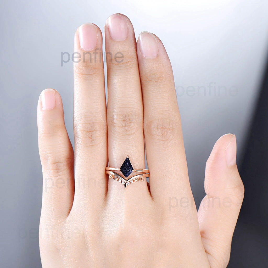14K Rose Gold Kite Cut Blue Sandstone Solitaire Engagement Ring Set for Women - Perfect for Proposals, Anniversaries & Special Occasions