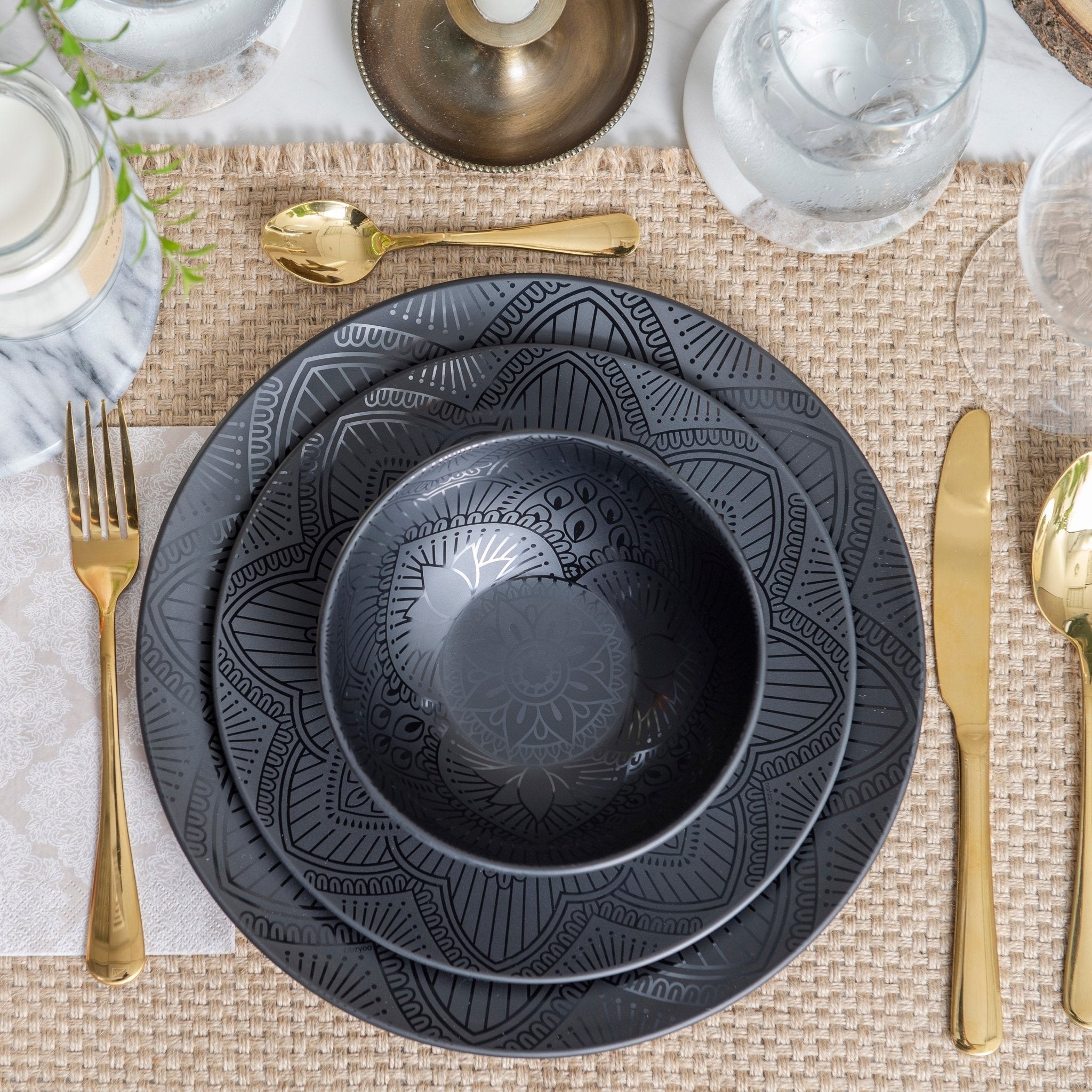 12-Piece La La Mandala Melamine Dinner Plate & Bowl Set - Black - Durable & Stylish for Outdoor Picnics, Camping, and Party Dining