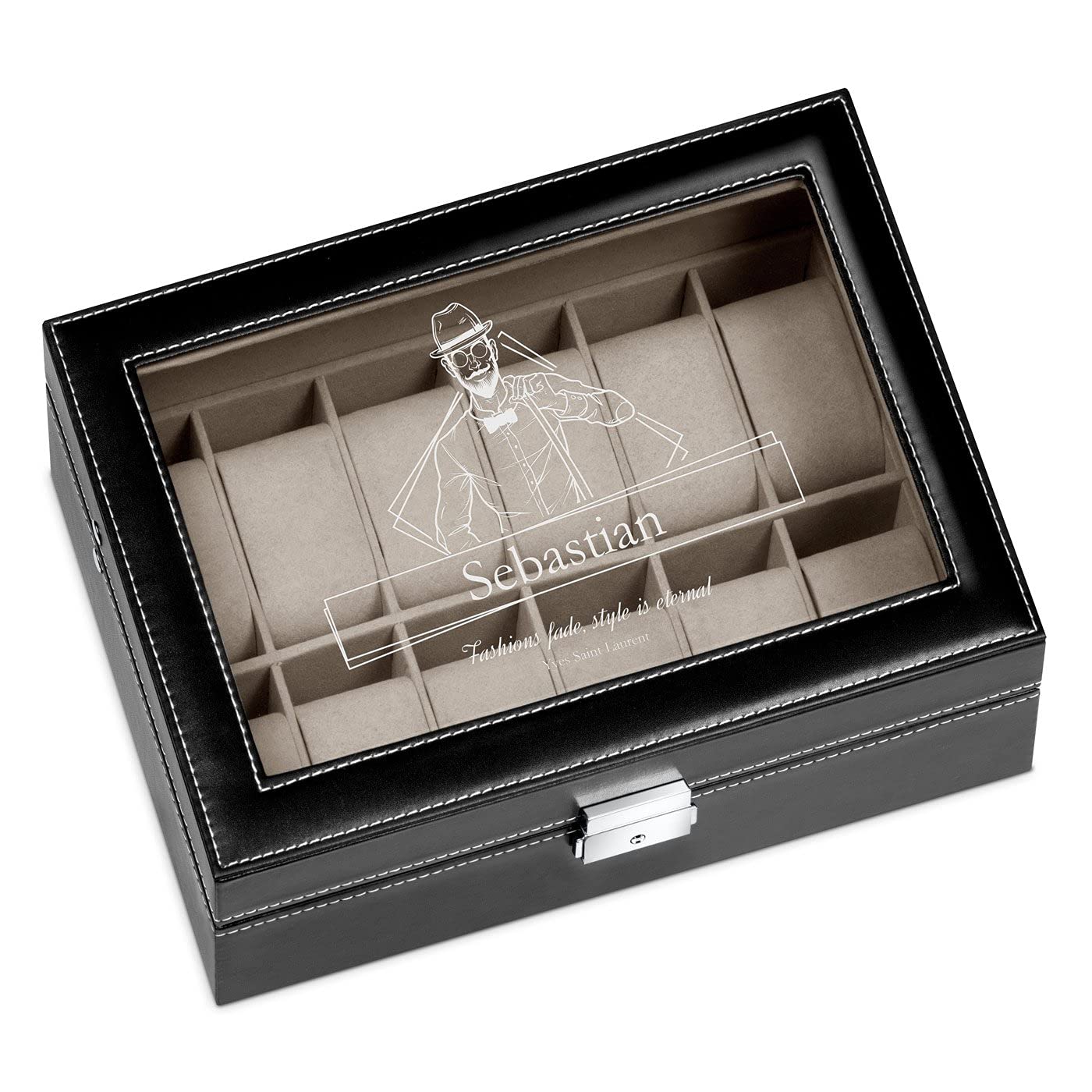 Premium 12-Slot Watch Box Organizer with Glass Display - Engraved Luxury Watch Case for Men - Perfect Gift for Watch Lovers & Birthday - Elegant Storage Solution for Rolex, Omega & Collector's Watches - Home Office & Travel Use