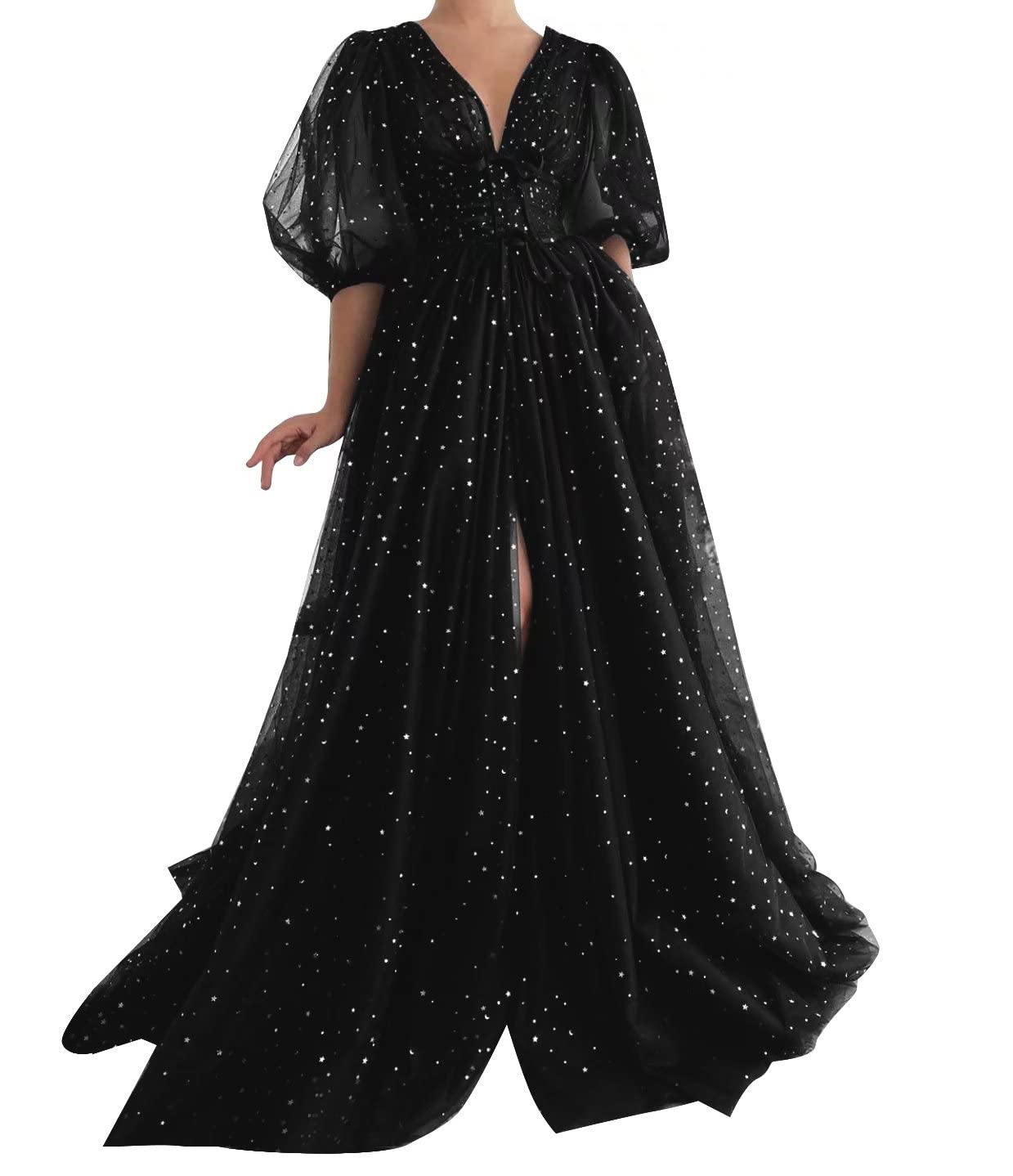 Starry Tulle Puffy Sleeve Prom Dress - A-Line Split Formal Long Sparkle V-Neck Ball Gown for Evening Party | Black Size 22 | Perfect for Homecoming, Prom Night, Wedding Guest & Special Occasions