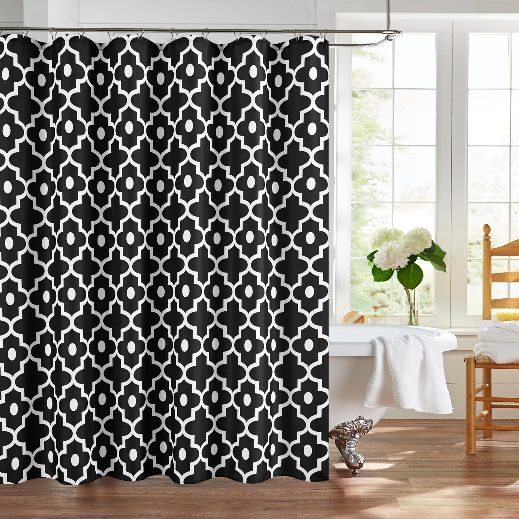 Biscaynebay Textured Fabric Shower Curtain 72x72 Inches - Black Morocco Pearl Printed Linen Bath Curtain for Modern Bathroom, Hotel Luxury Quality, Machine Washable | Perfect for Spa-Like Bathrooms & Upscale Hotel Decor