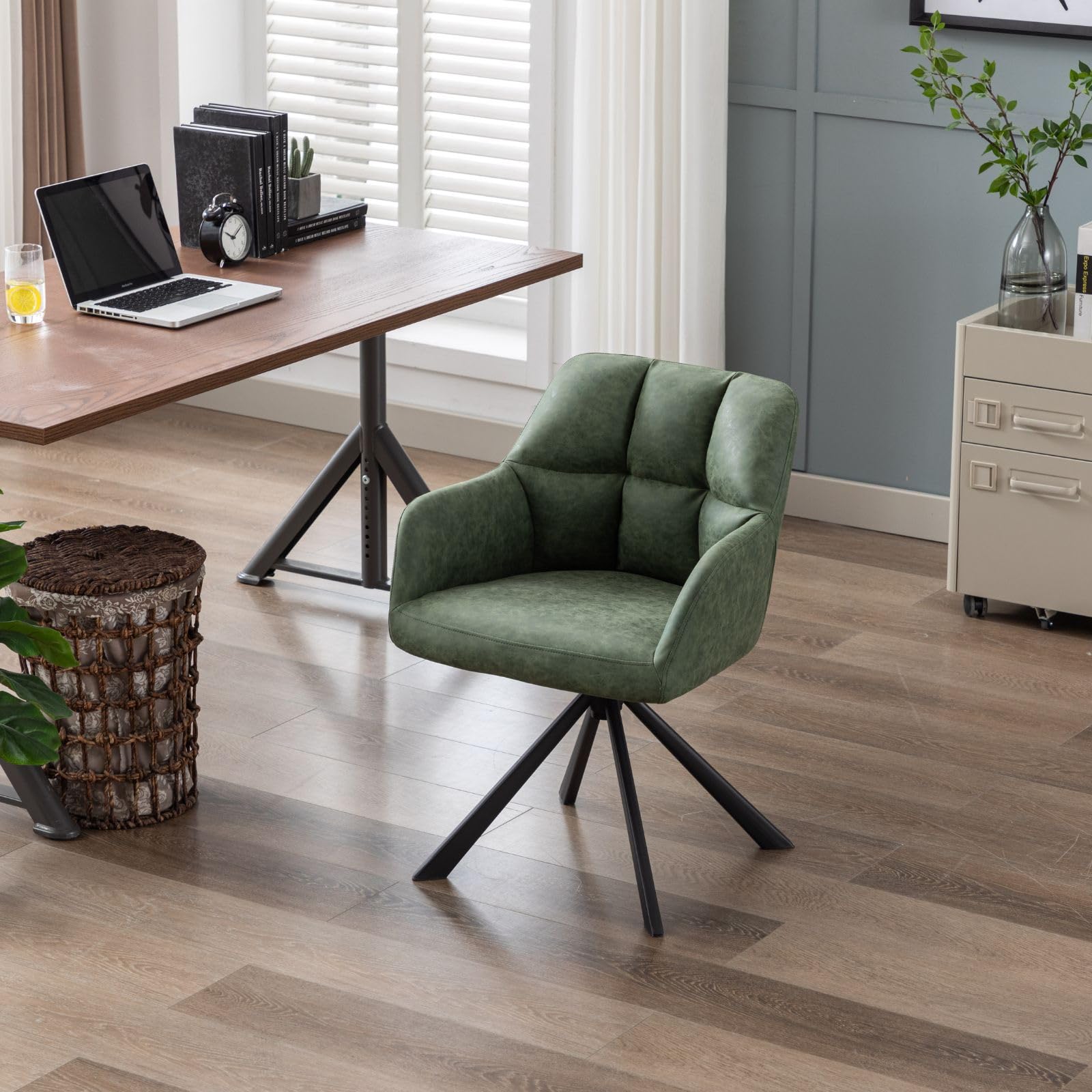 Ergonomic Home Office Chair with Arms - PU Leather Upholstered Swivel Desk Chair Without Wheels - Comfortable Computer Chair for Small Spaces, Bedroom & Workspace - Green Accent Chair (Perfect for Remote Work, Gaming & Study Sessions)