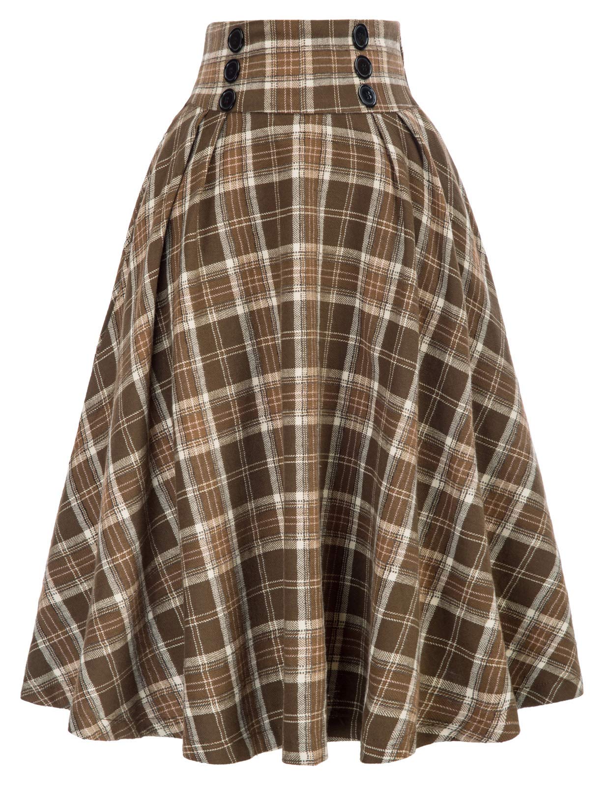 Belle Poque Women's Vintage High Waist Plaid Pleated Skirt with Pockets - Retro A-Line Midi Skirt for Office, School & Casual Outfits (BPA020)