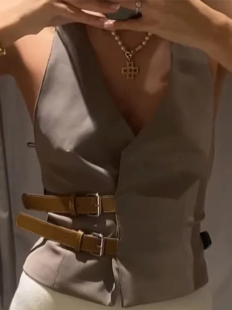 Stylish Women's Leather Belt V-Neck Halter Vest - Elegant Sleeveless Backless Tank Top for Women | Y2K Fashion Trend | Perfect for Spring Summer Outfits, Parties & Casual Wear