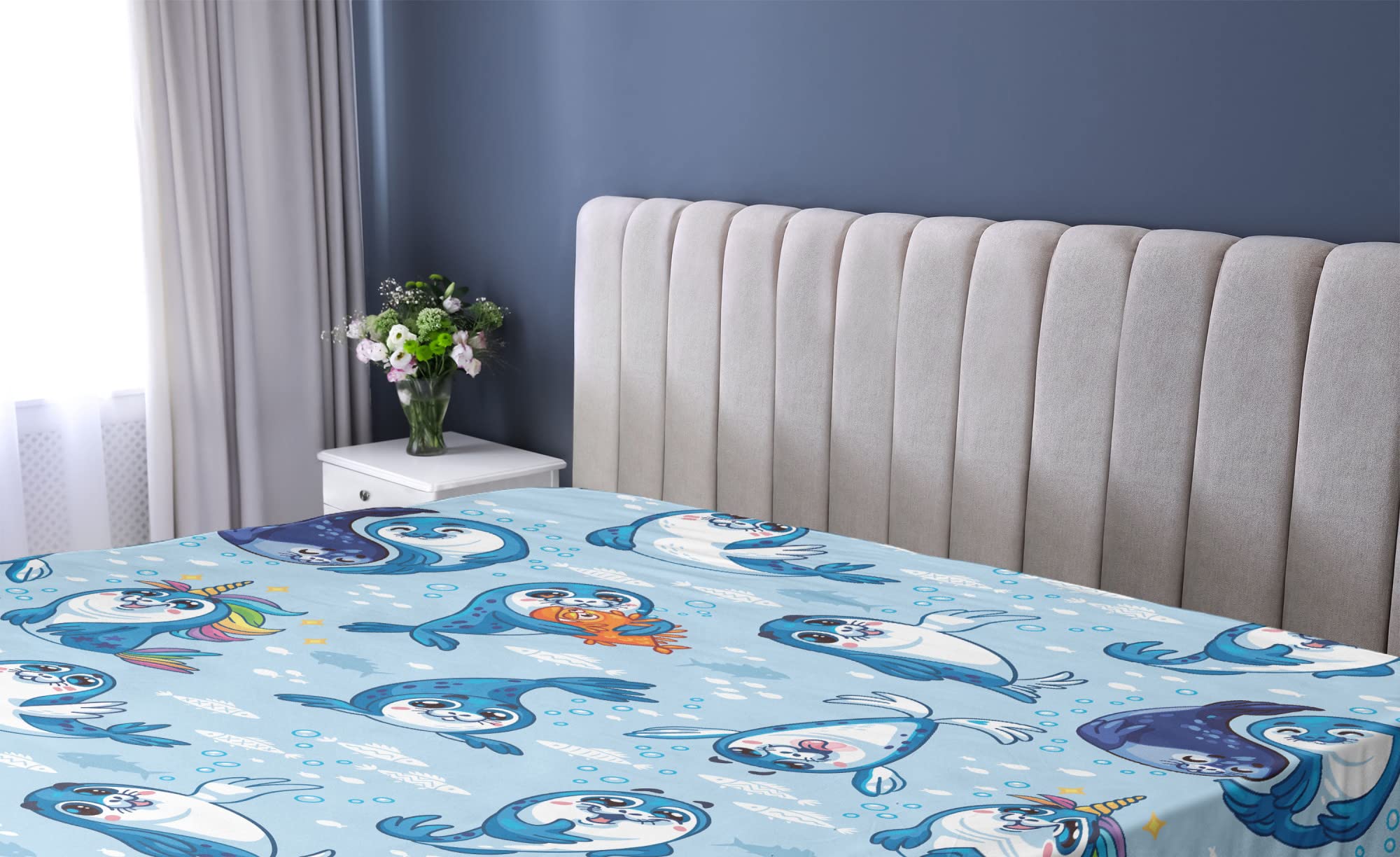 Ambesonne King Size Fitted Sheet - Sea Animals & Seal Pup Aquatic Wildlife Design with Water Bubbles, Deep Pocket All-Around Elastic for Comfort, Blue White Marigold - Perfect for Kids' Rooms, Beach Houses & Ocean-Themed Bedrooms
