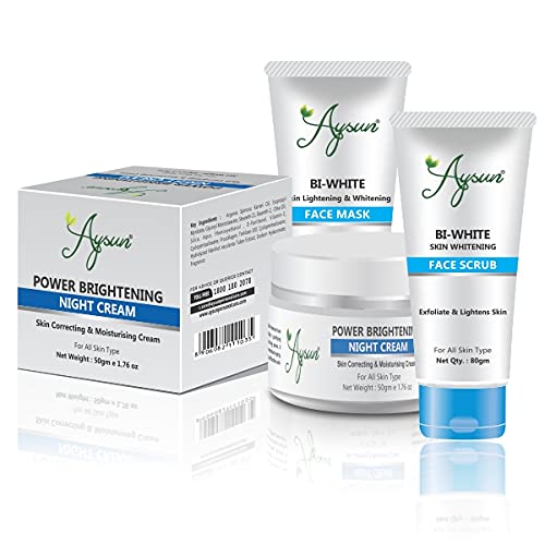 Aysun Brightening Night Cream & BI White Face Mask + Face Scrub Set - 3-Piece Skincare Combo for Glowing Skin | Perfect for Night Routine & Spa Days