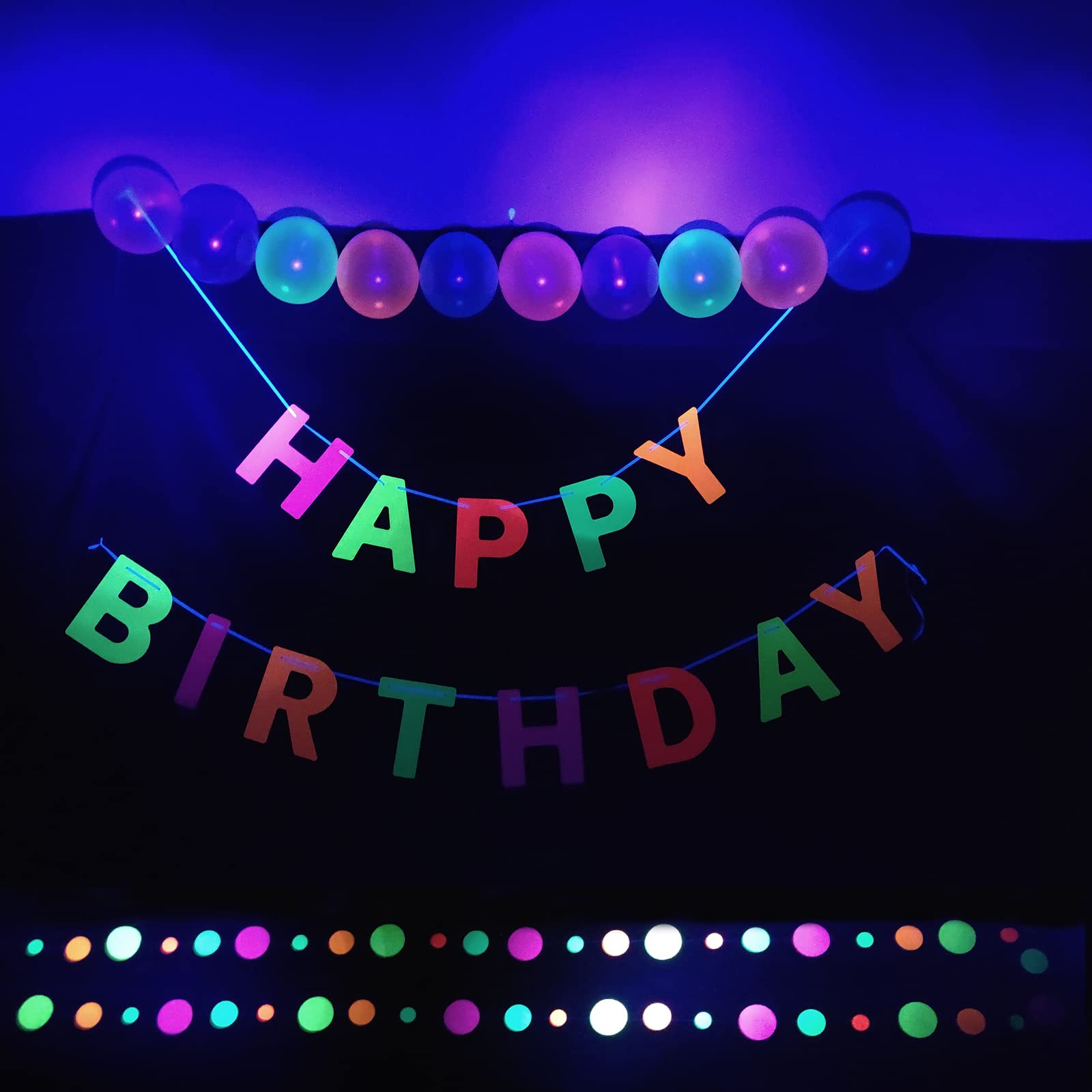50 Pack UV Black Light Reflective Balloons - Glow in The Dark Party Decorations for Birthday, Halloween, Rave & Neon Party Supplies - HAPPY BIRTHDAY Banner Included