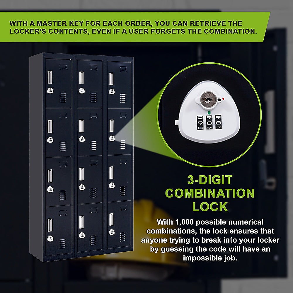12-Door Locker with 3-Digit Combination Lock for Office, Gym, Shed, School & Home Storage - Secure Organization for Sports Equipment, Work Supplies & Personal Belongings