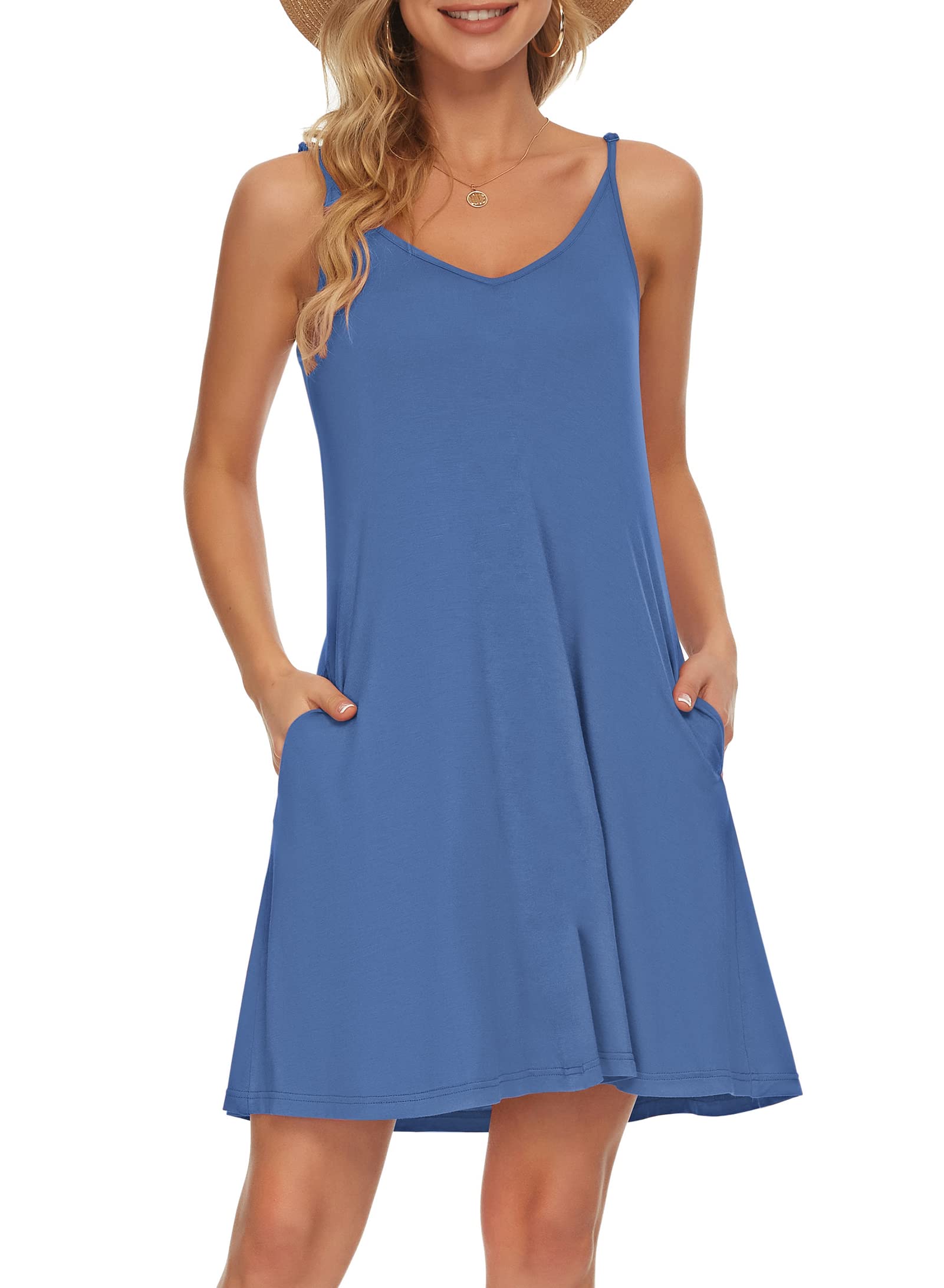 MISFAY Women's Summer Spaghetti Strap Casual Swing Tank Dress with Pockets - Beach Cover Up, Lounge Wear, Vacation Outfit, Poolside Dress