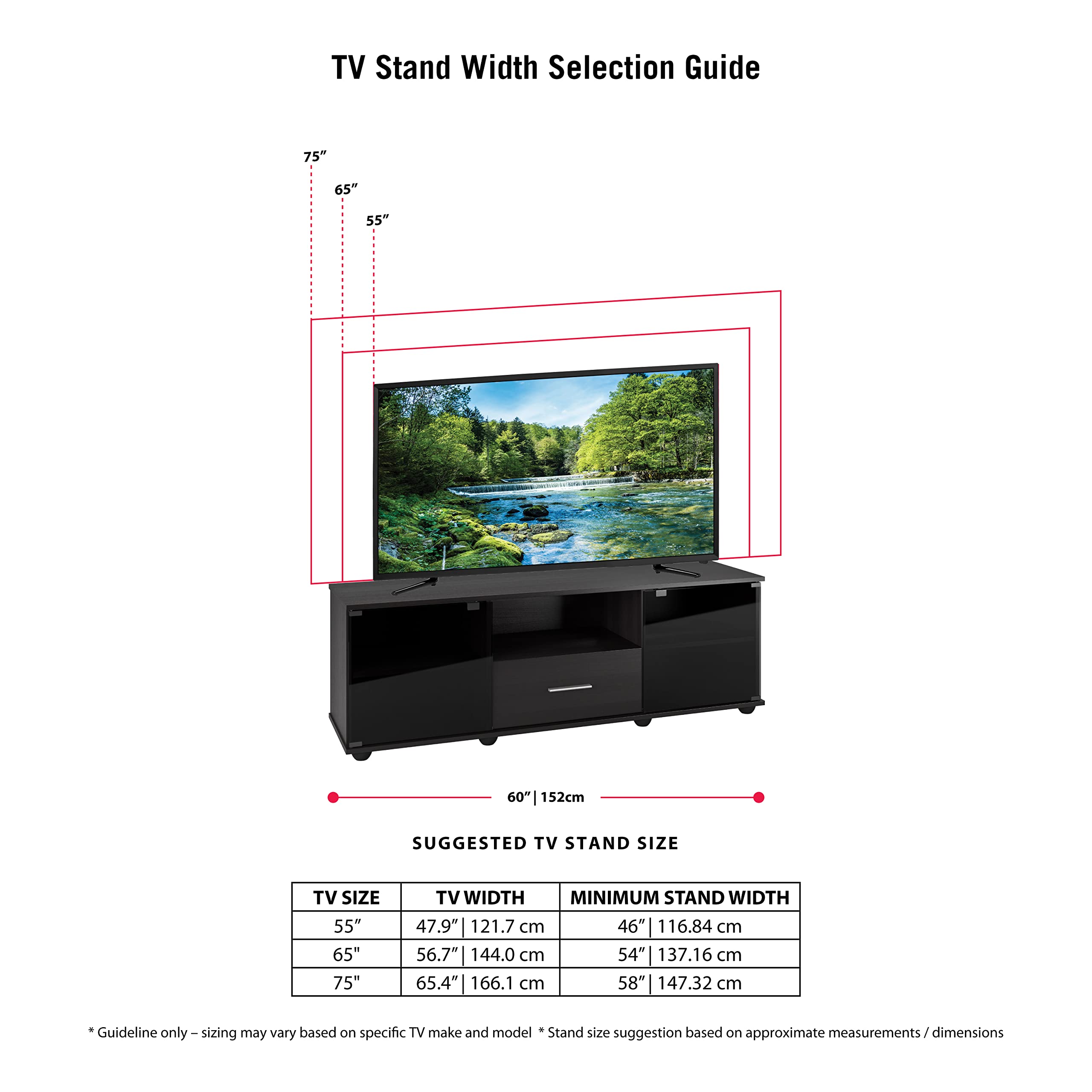CorLiving Fernbrook TV Stand for Living Room - 60 Inch Modern Entertainment Center with Storage, Black - Perfect for TVs up to 65