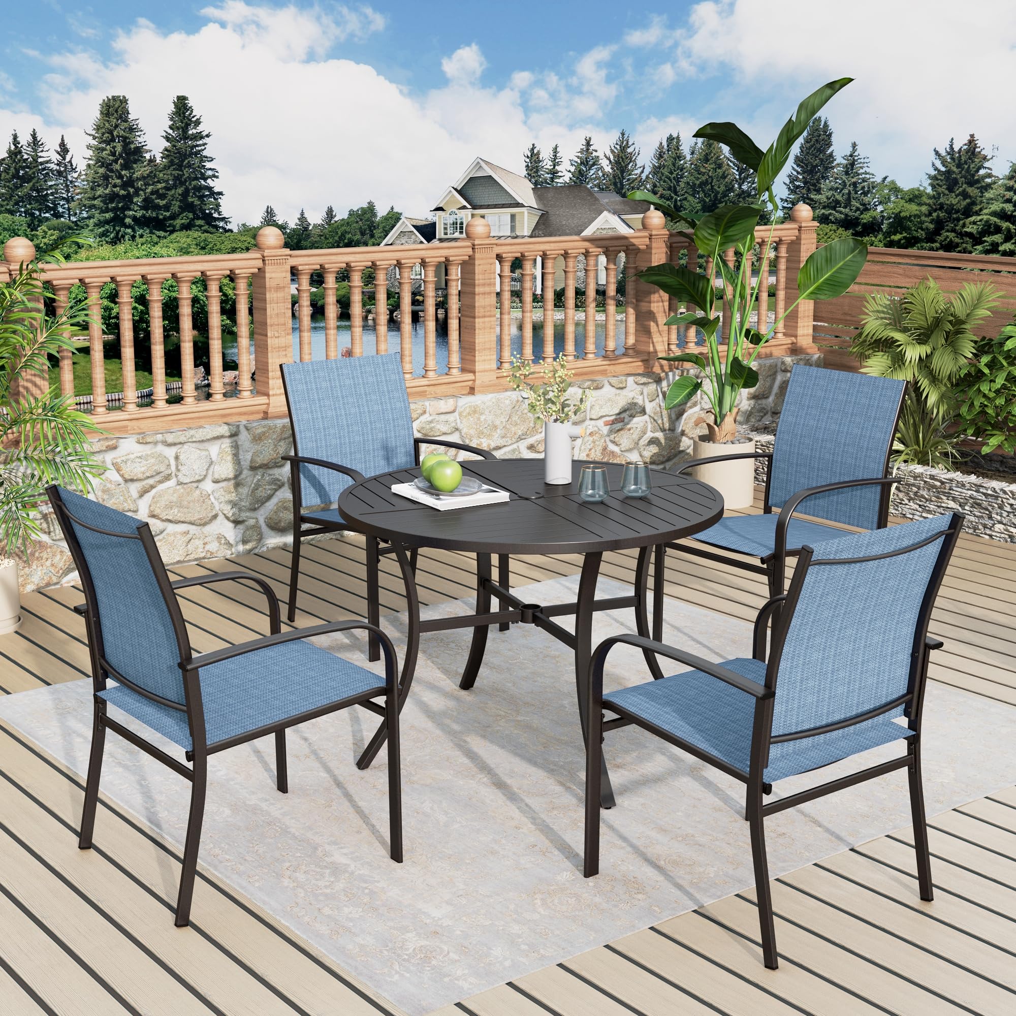 5-Piece Outdoor Dining Set - Round Metal Patio Table with 4 Blue Chairs for 4 People | Perfect for Garden, Backyard, Deck, Poolside & Outdoor Entertaining