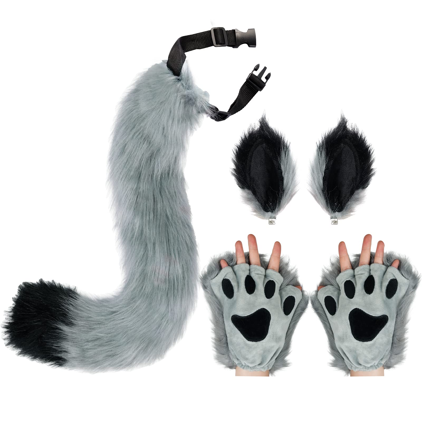 Faux Fur Wolf Fox Tail Hair Clips with Ears & Gloves Set - Halloween Christmas Cosplay Costume Accessories for Party Dress Up, Cosplay, and Themed Events