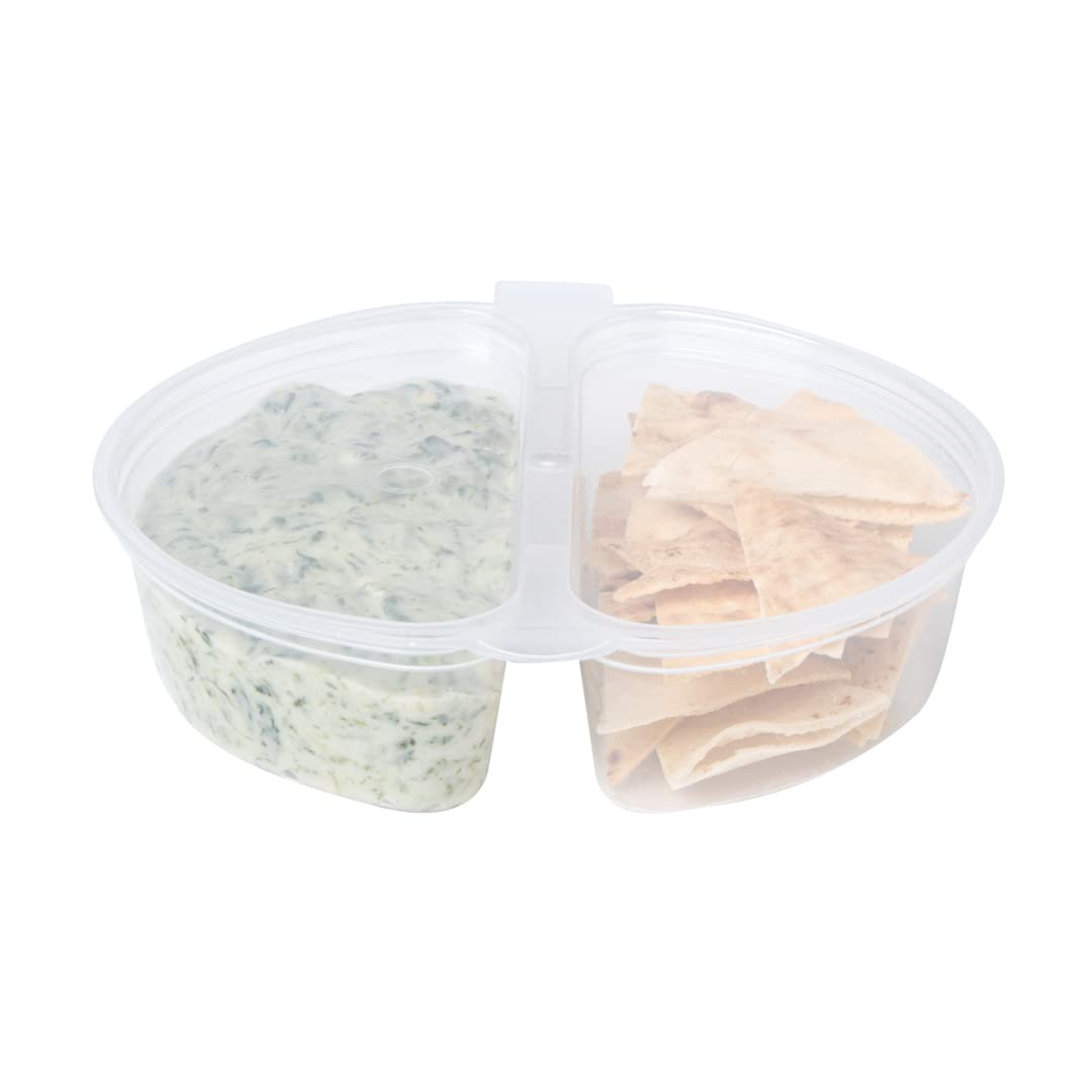Restaurantware Futura 4oz Clear Plastic Snack Containers with Hinged Lid - 2 Compartment Microwavable Sauce Cups for Condiments, Dips, Takeout, Meal Prep & Party Serving (Pack of 500)
