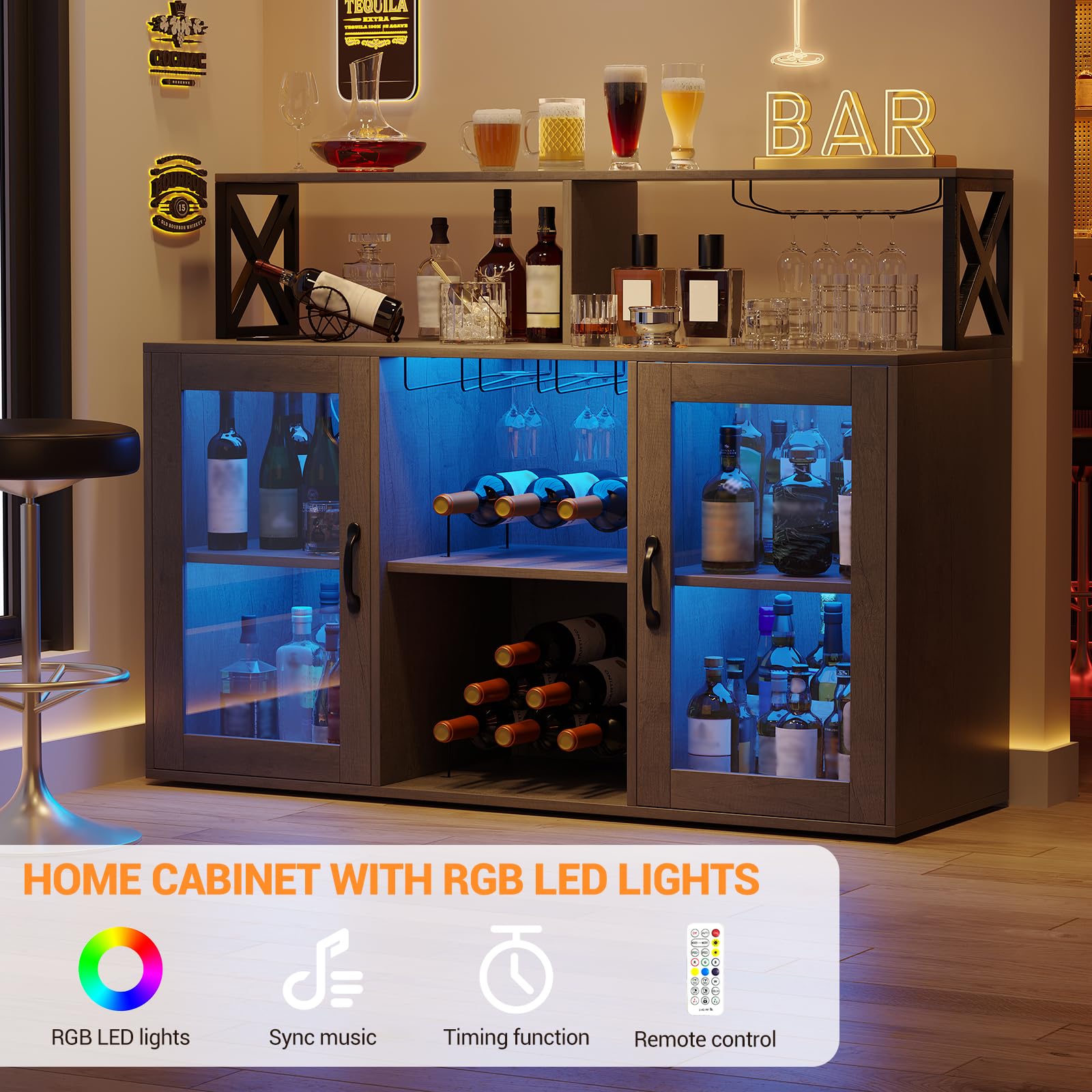 Retro Gray Bar Cabinet with Power Outlets, LED Lights & Glass Holder - Wine Storage Cabinet with Racks for Home & Kitchen - Perfect for Entertaining, Dining Rooms & Man Caves