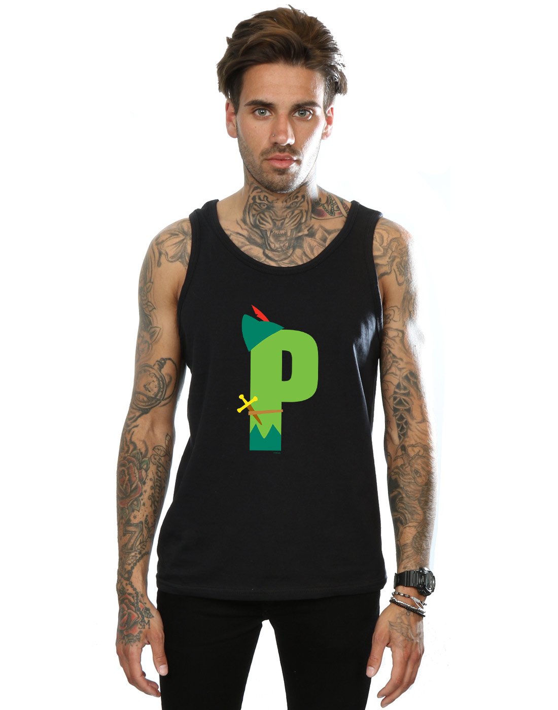 Disney Men's Alphabet P Is For Peter Pan Graphic Tank Top - Casual Summer Tee for Disney Fans, Theme Parks & Gifts