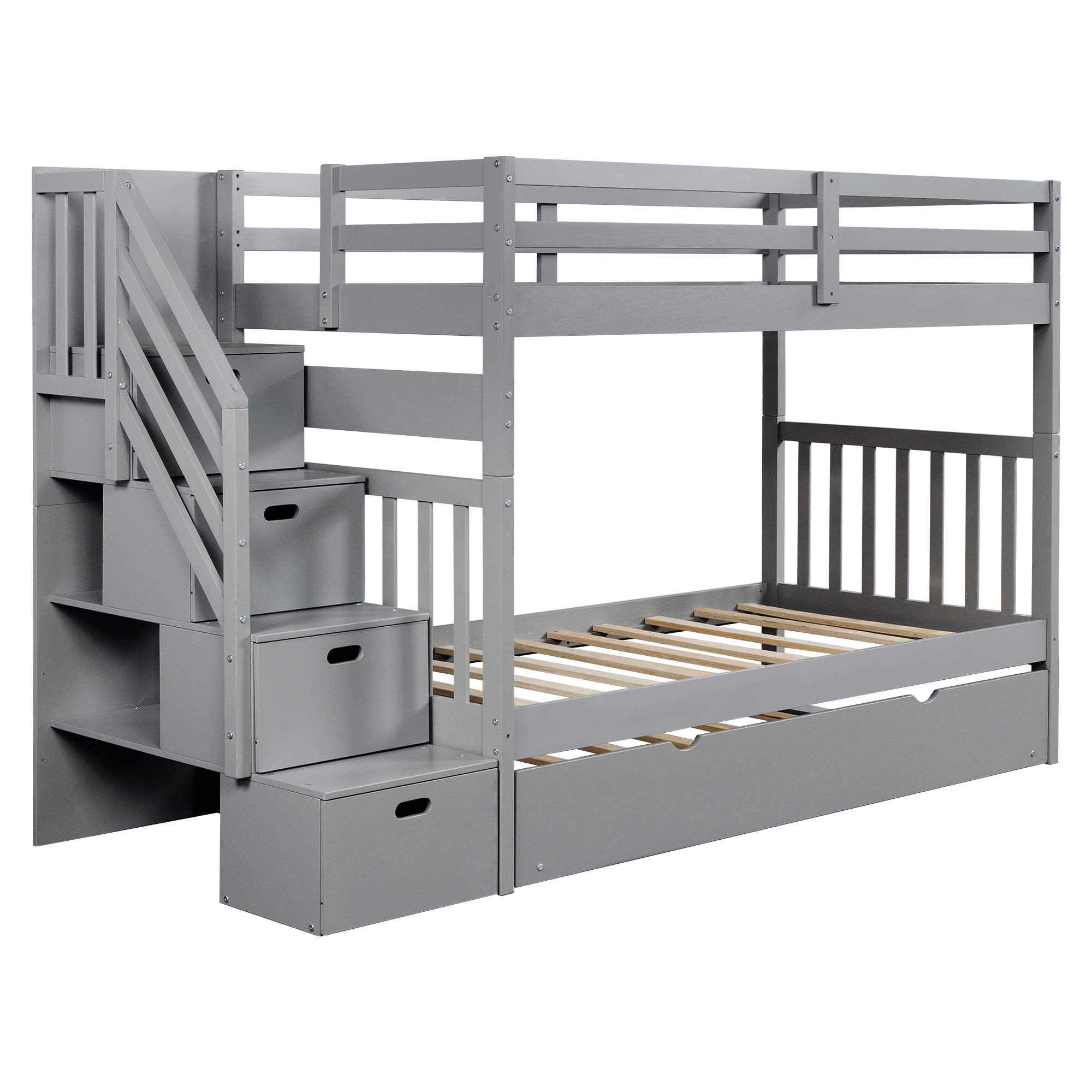 Polibi Twin Over Twin/Full Bunk Bed with Twin Trundle & 4-Drawer Staircase - Convertible 3-in-1 Kids Bunk Bed Separates into Two Beds (Grey) - Perfect for Small Bedrooms, Guest Rooms & Shared Kids' Rooms