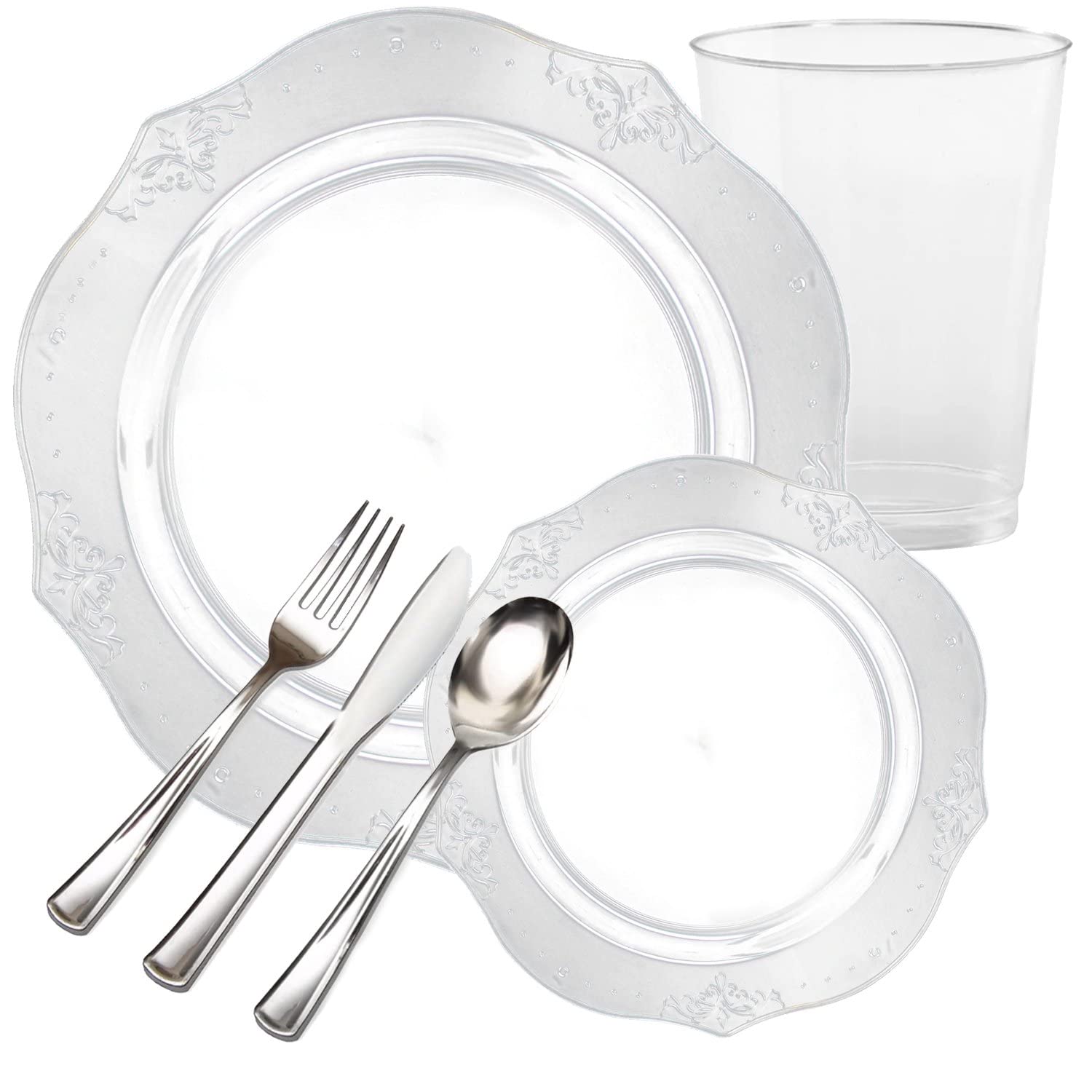 Elegant Disposable Plastic Dinnerware Set - 10-Piece Wedding Party Tableware in Antique Clear | Perfect for Bridal Showers, Anniversary Celebrations & Formal Events