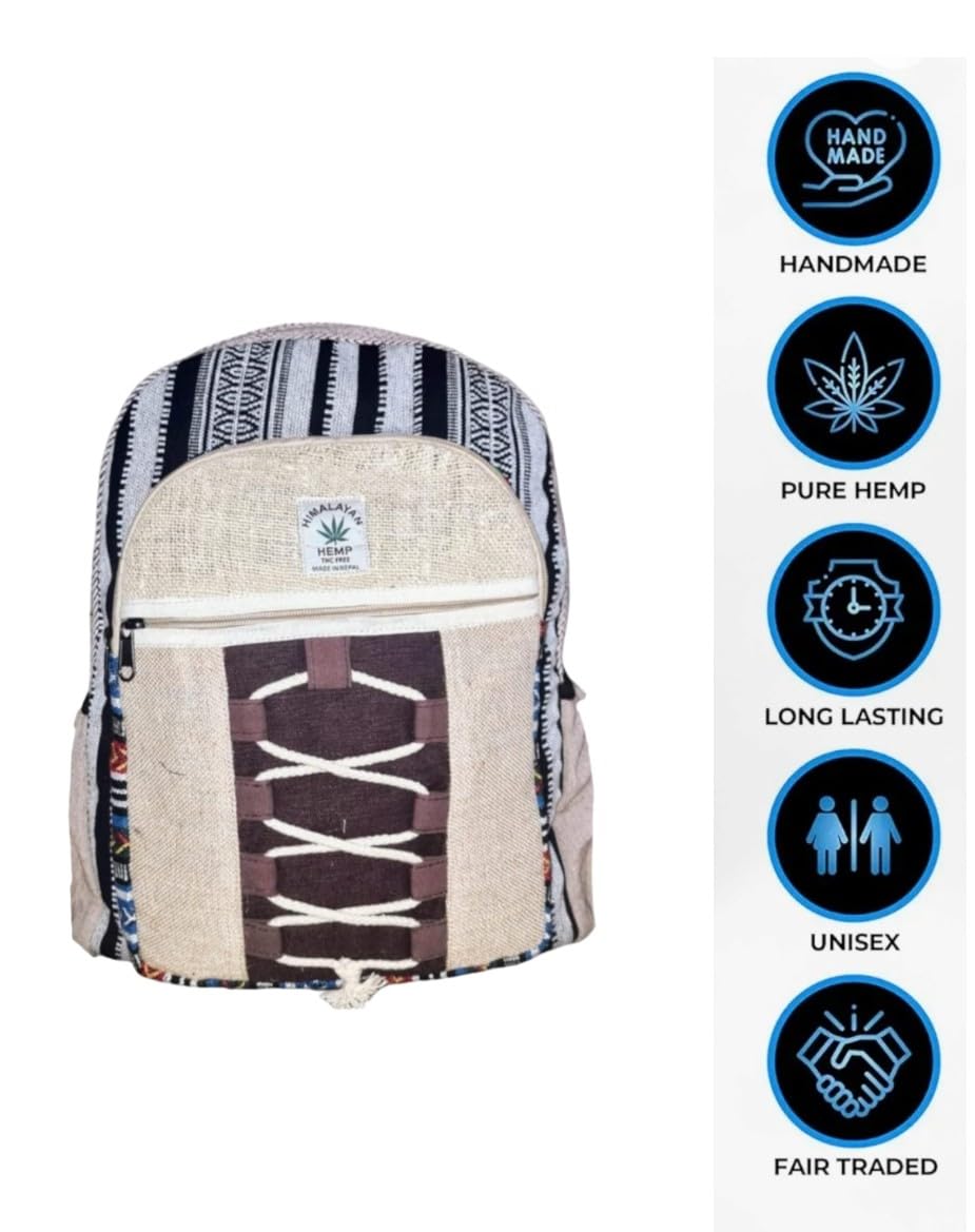 Eddika Natural Vegan Handmade Hemp Backpack - Eco-Friendly Large Himalayan Backpack for Men, Women, Boys & Girls - Perfect for Festivals, Travel & Daily Use