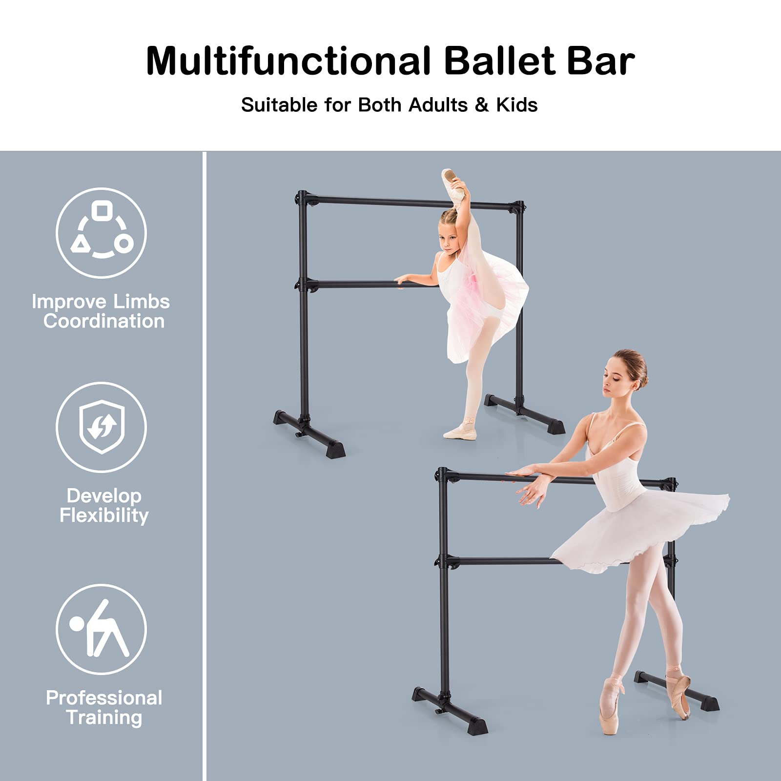 Goplus 4 FT Portable Double Ballet Barre Bar - Adjustable Height 7” to 46” for Home, School & Gym - Freestanding Dance Bar for Kids & Adults - Perfect for Ballet Practice, Stretching & Barre Workouts