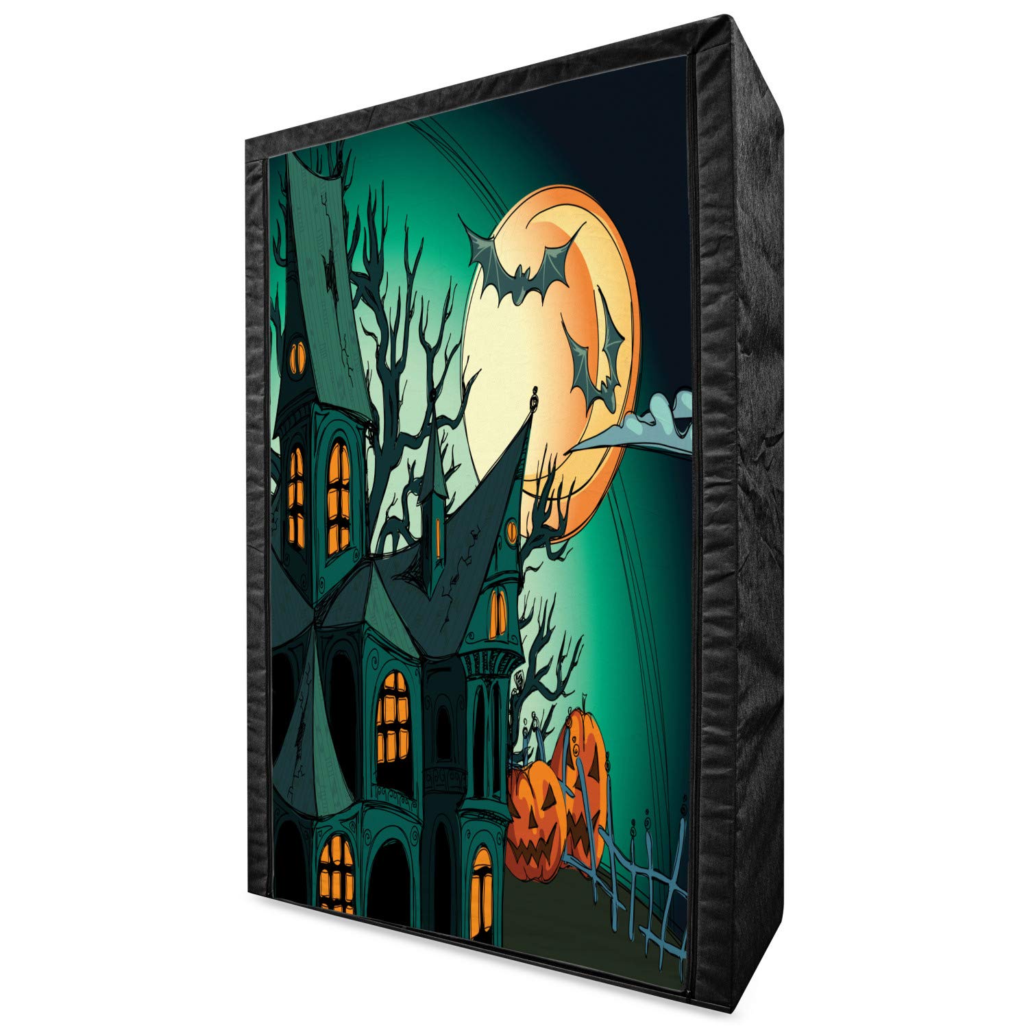 Ambesonne Halloween Portable Fabric Wardrobe - Haunted Medieval Cartoon Style Bats Twilight Gothic Fiction Spooky Art Print Clothing Organizer with Shelves, 42.5